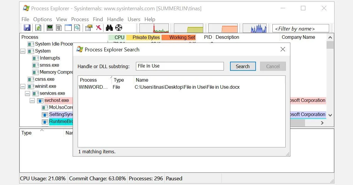 Tìm kiếm tệp trong Process Explorer