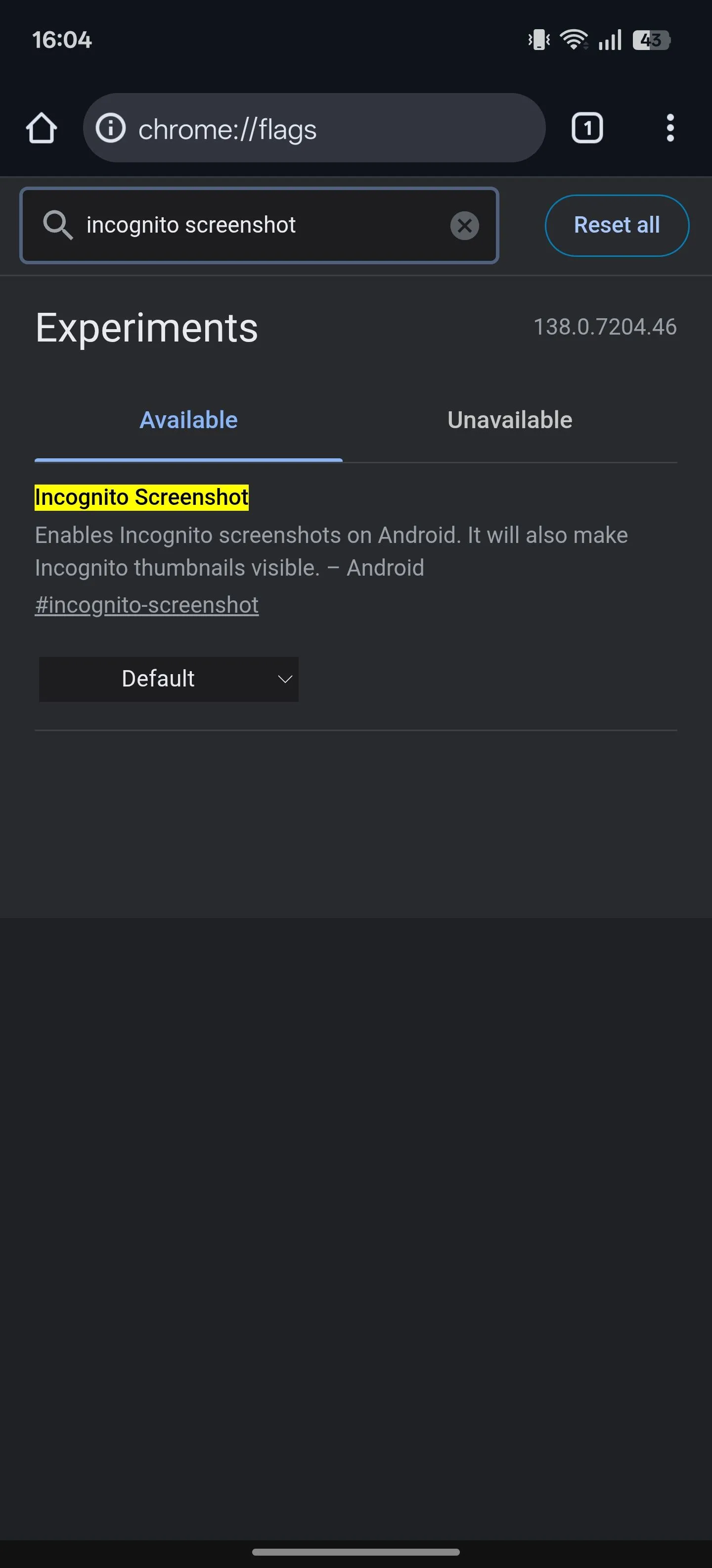 Tìm kiếm và bật cờ &quot;Incognito Screenshot&quot; để chụp màn hình trong chế độ ẩn danh trên Chrome Android.
