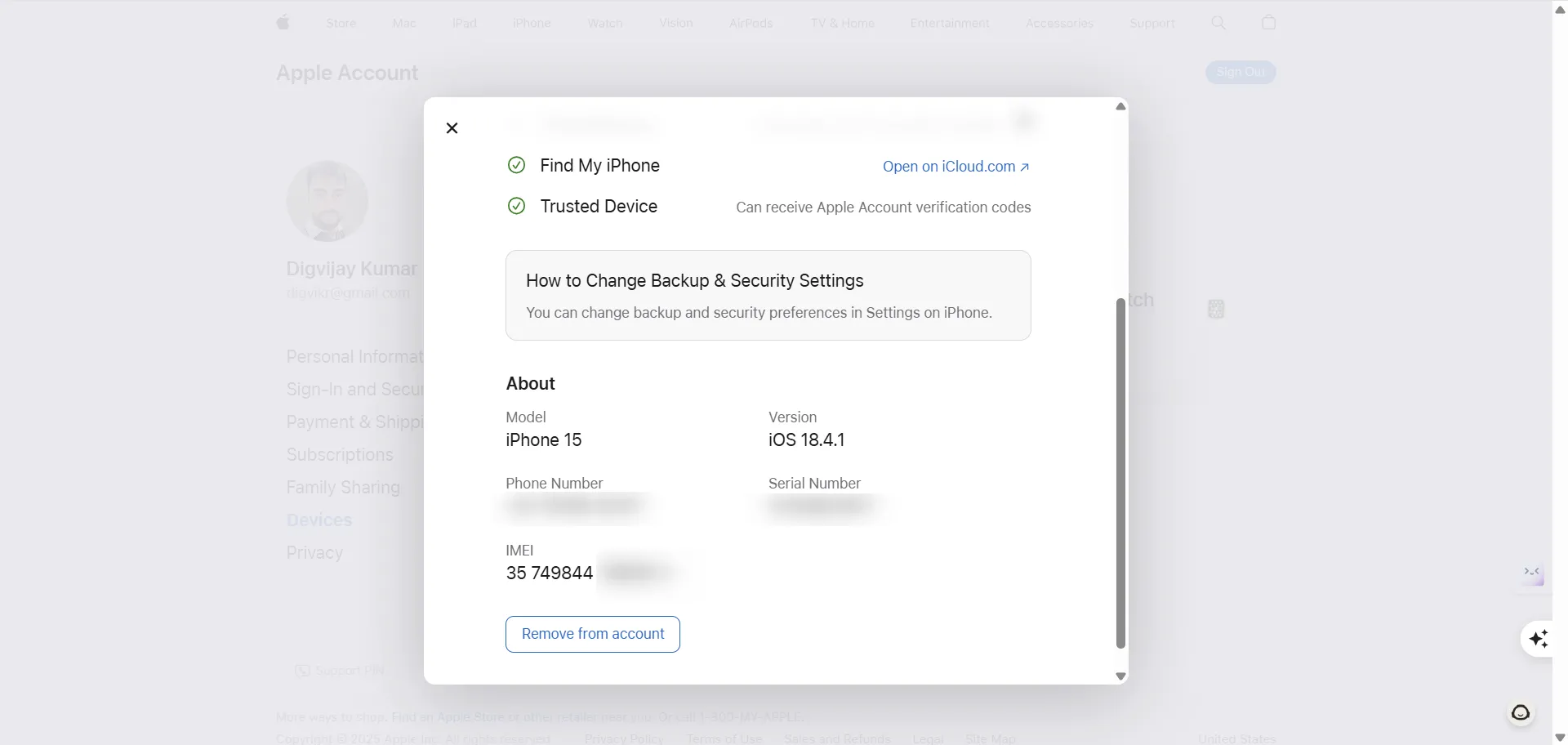 Tìm số IMEI từ tài khoản Apple ID