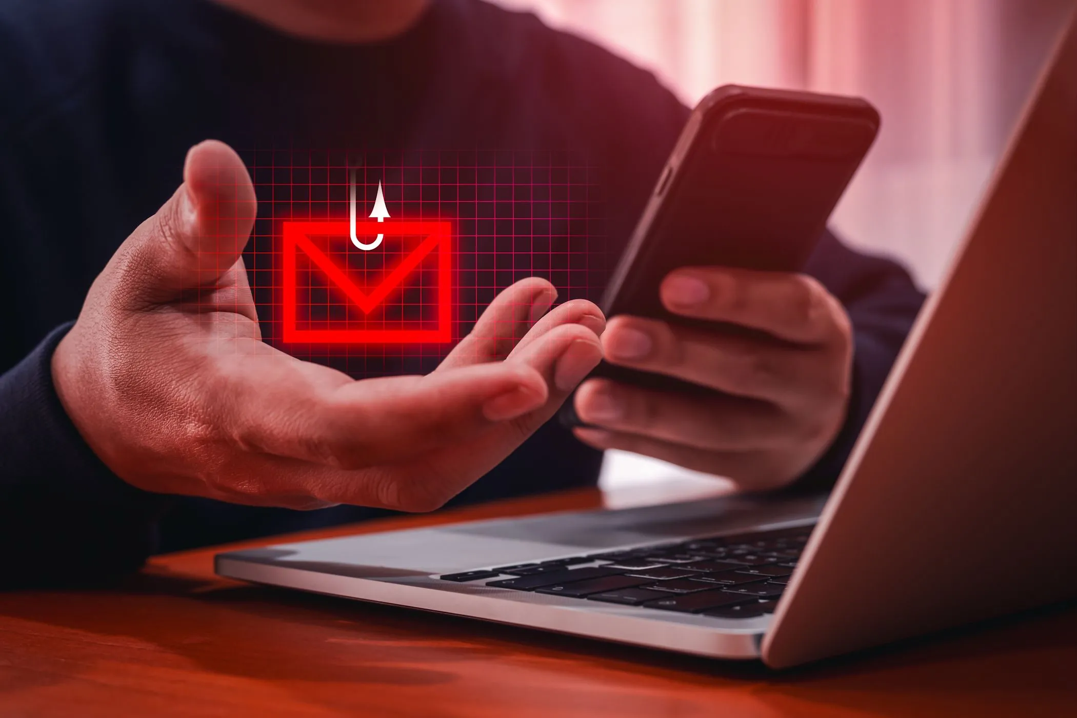 Tin nhắn smishing hiển thị biểu tượng phong bì cạnh máy tính xách tay, minh họa nguy cơ tin nhắn SMS bị chặn