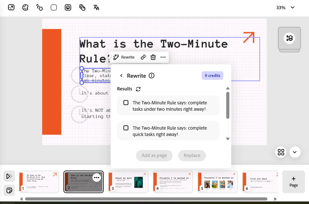Tính năng AI hỗ trợ viết lại và cải thiện văn bản trong Adobe Express