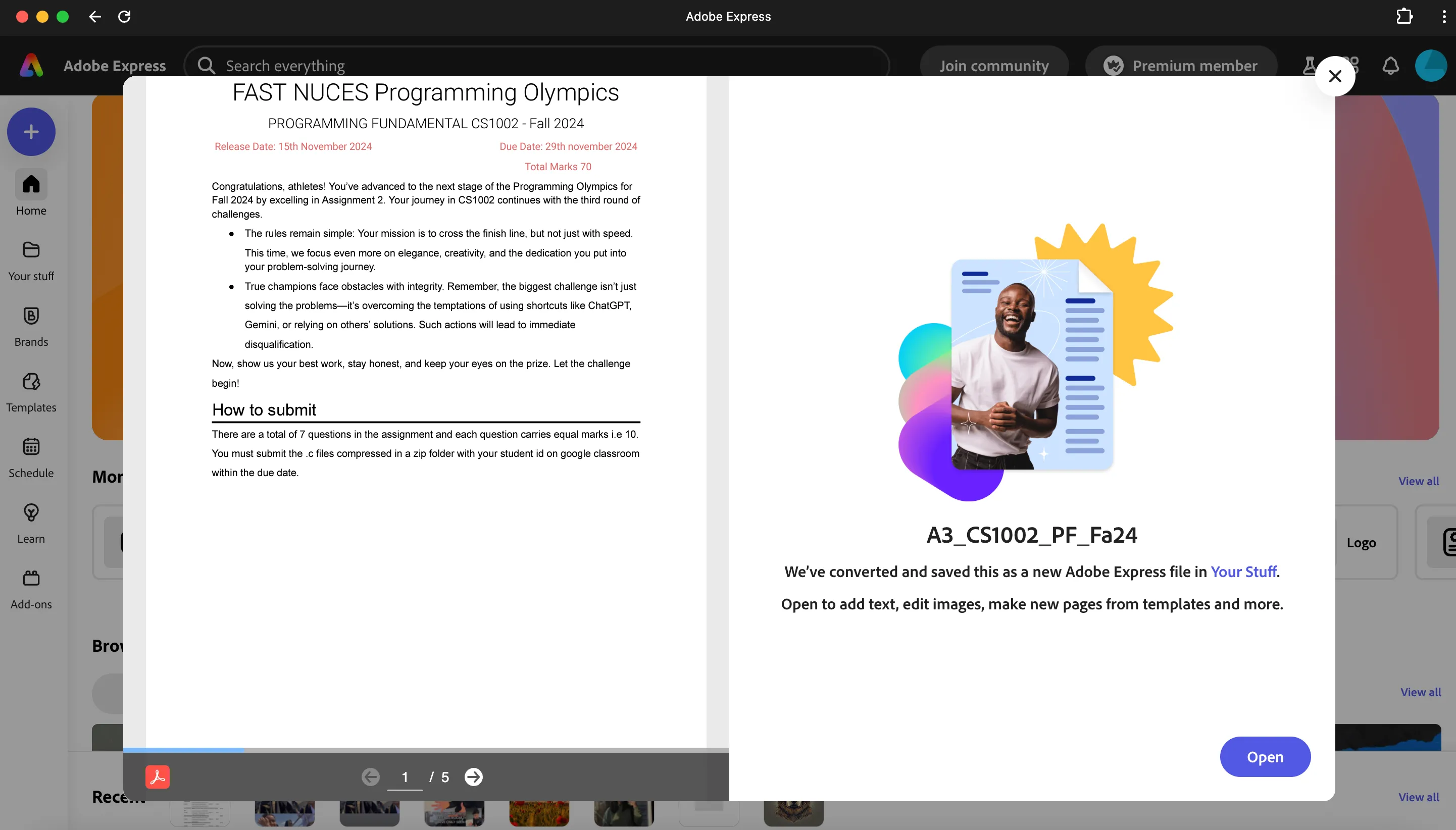 Tính năng chỉnh sửa PDF của Adobe Express, hiển thị giao diện chọn tệp để chỉnh sửa tài liệu PDF.