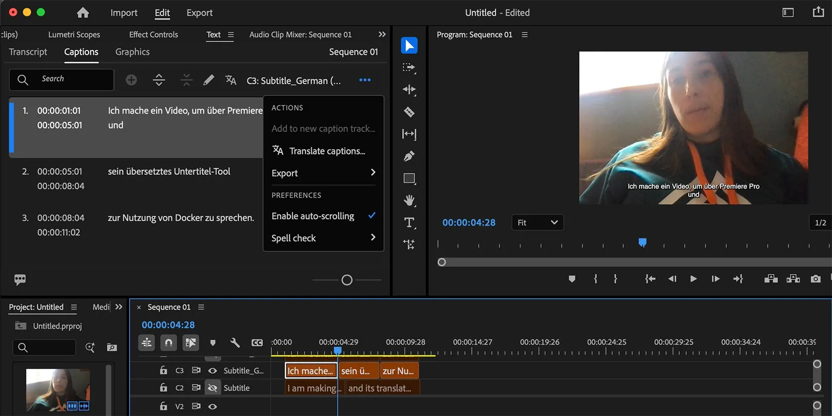 Tính năng dịch phụ đề tự động bằng AI của Premiere Pro hiển thị bản dịch đa ngôn ngữ.