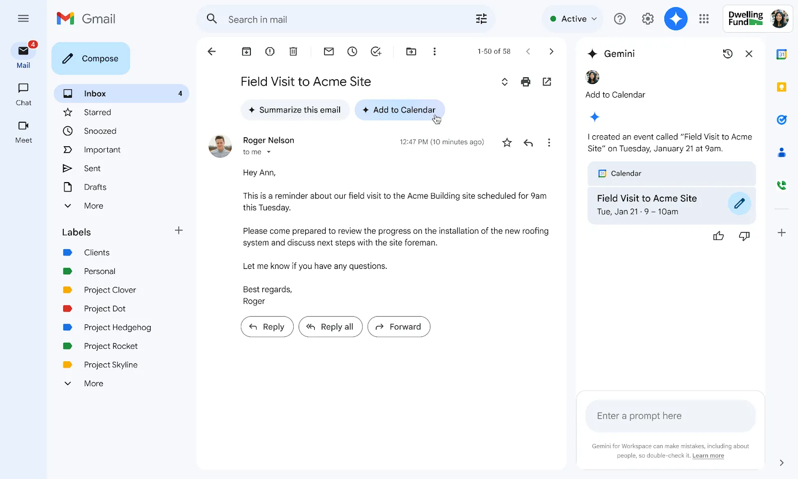Tính năng Gemini thêm sự kiện vào Lịch Google trực tiếp từ email Gmail.
