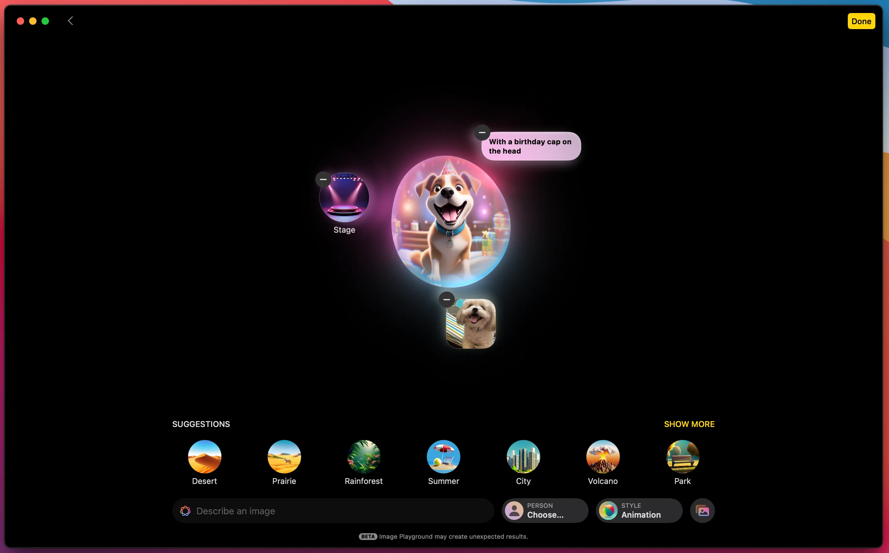 Tính năng Image Playground của Apple Intelligence tạo ra hình ảnh AI theo phong cách hoạt hình từ mô tả văn bản, minh họa một chú chó.