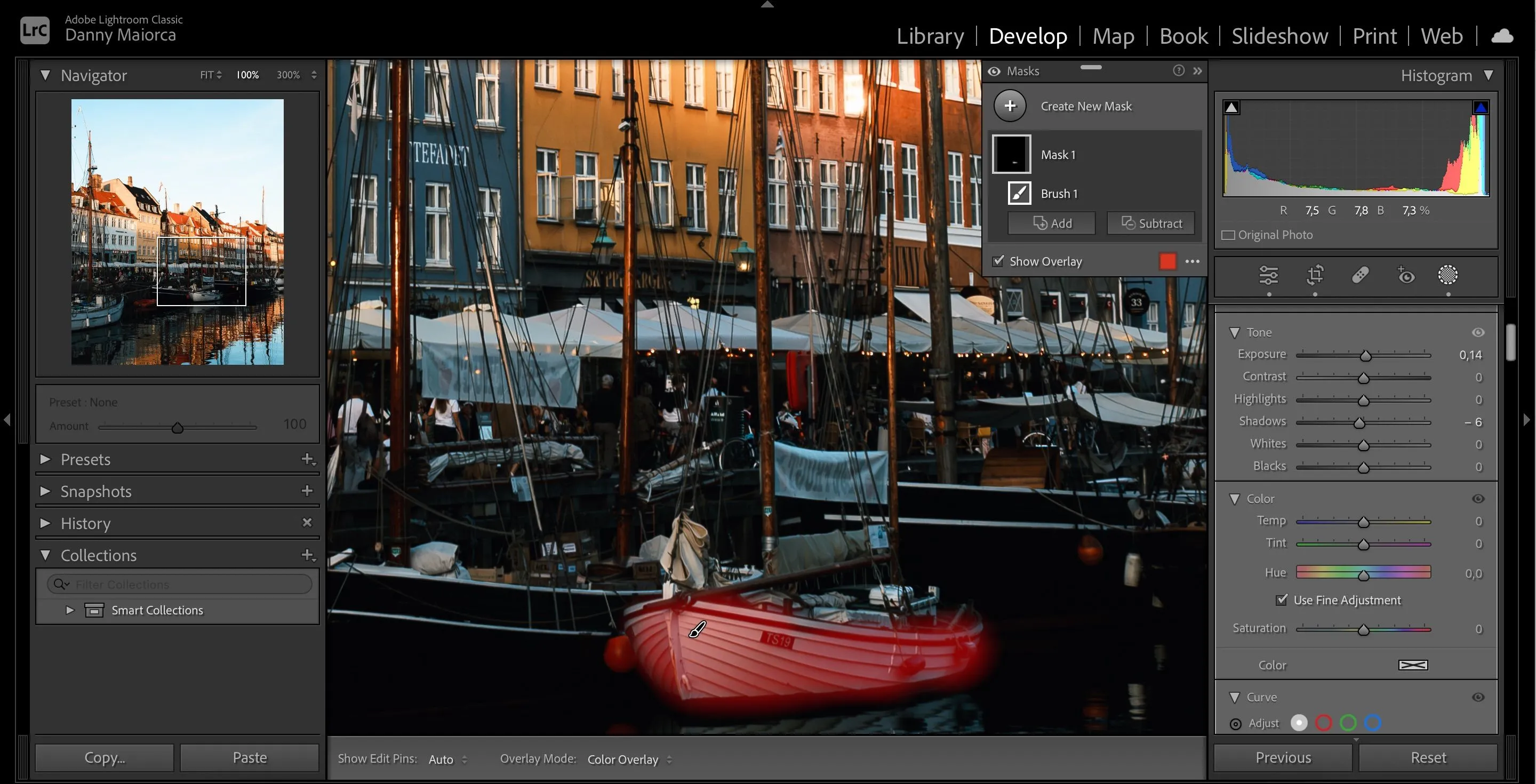 Tính năng mặt nạ vẽ (Draw Mask) với vùng được tô đỏ trong Adobe Lightroom, cho phép người dùng chọn lọc và chỉnh sửa các khu vực cụ thể trên ảnh.