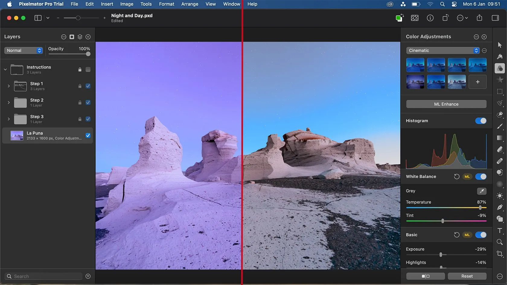 Tính năng ML Enhance của Pixelmator Pro tự động điều chỉnh màu sắc ảnh