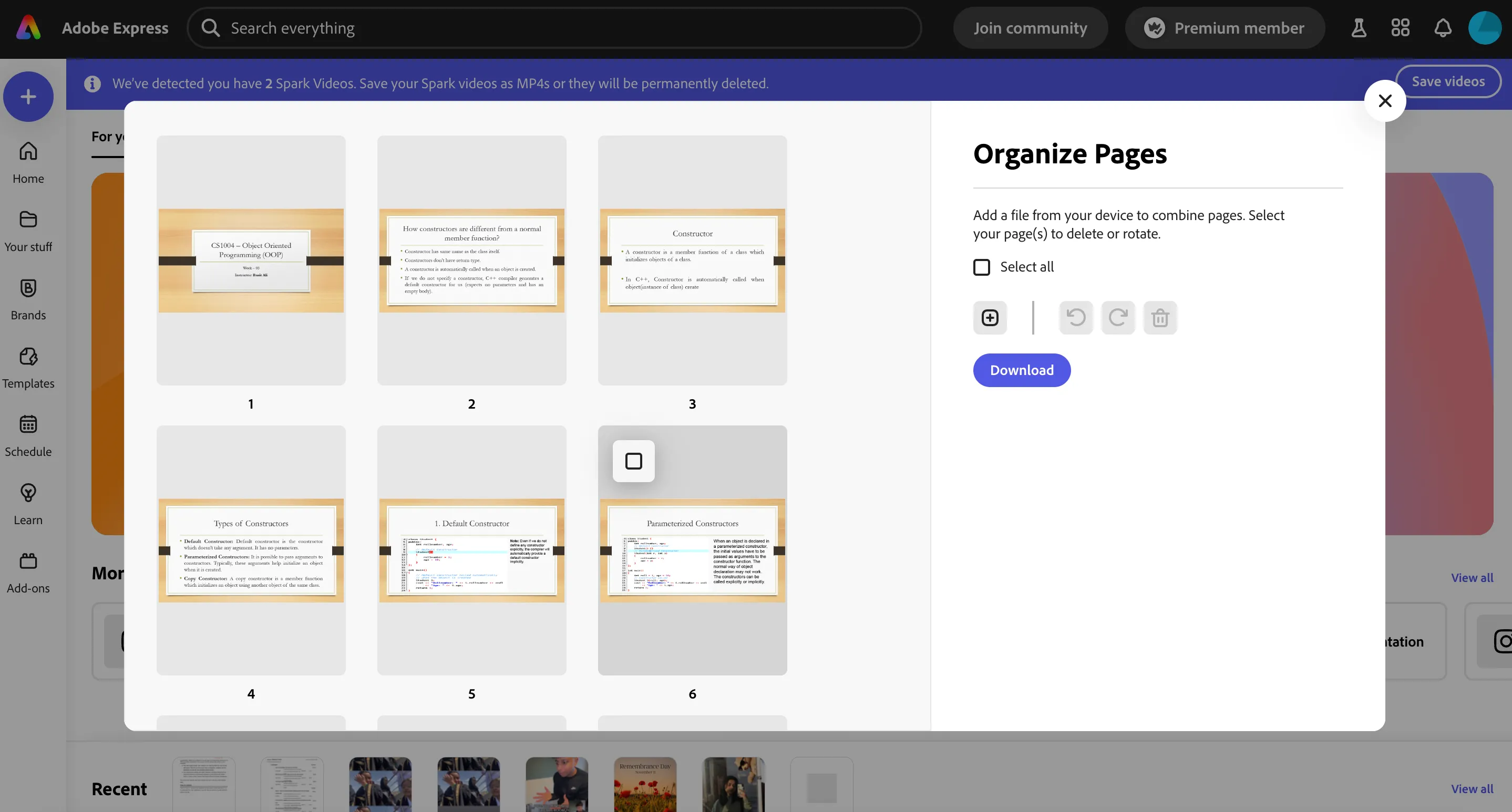 Tính năng &quot;Sắp Xếp Trang&quot; (Organize Pages) của Adobe Express, cho phép người dùng thay đổi thứ tự, xoay hoặc xóa các trang PDF.