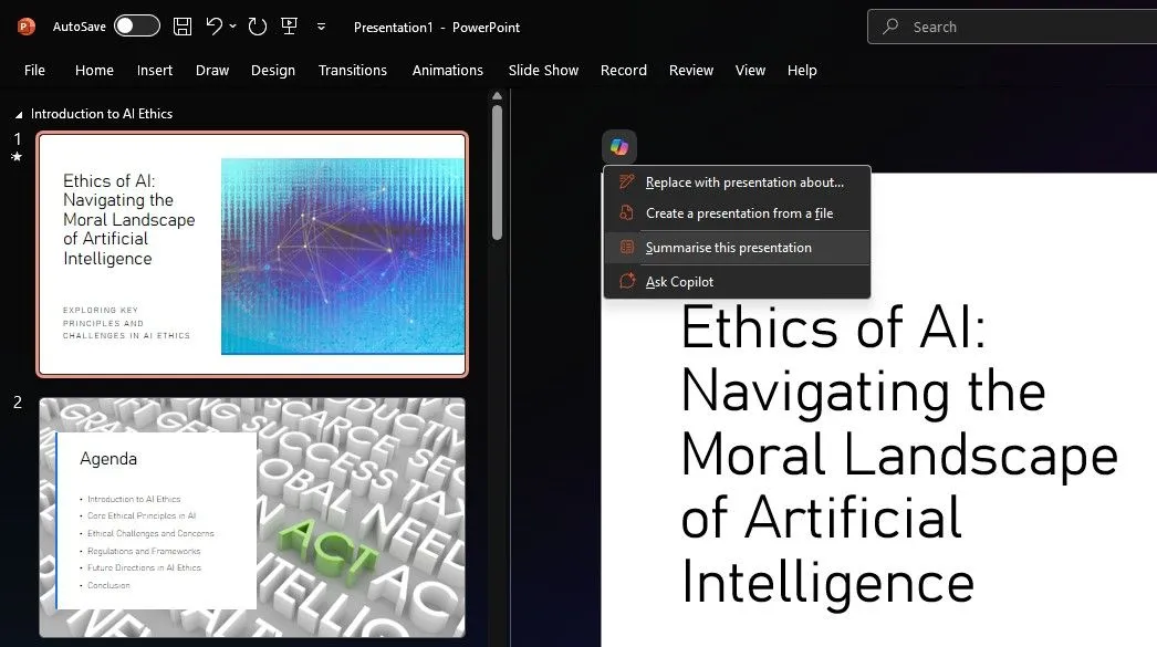 Tính năng tóm tắt nội dung bài thuyết trình của Copilot trong PowerPoint