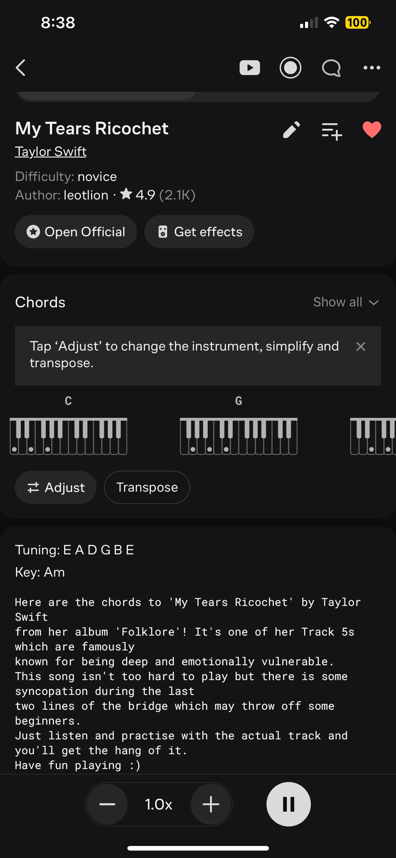 Tính năng tự động cuộn tab trong Ultimate Guitar với bài hát My Tears Ricochet của Taylor Swift.