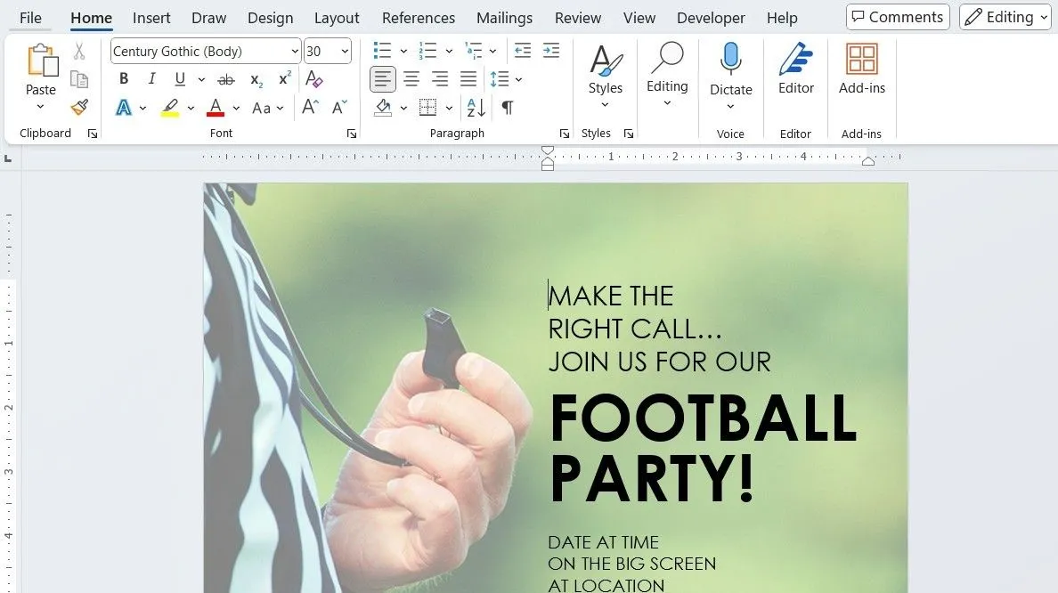 Tờ rơi quảng cáo tiệc bóng đá được thiết kế chuyên nghiệp trong Microsoft Word, tận dụng các mẫu có sẵn.