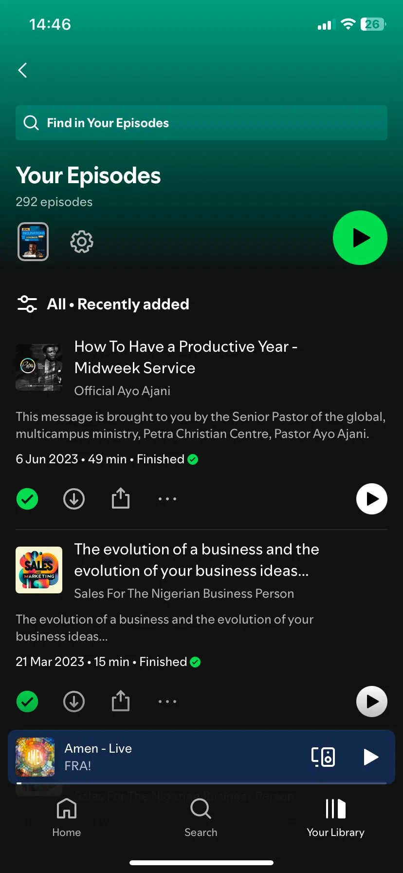 Trang &quot;Các tập của bạn&quot; trong ứng dụng Spotify, hiển thị các podcast đã tải về