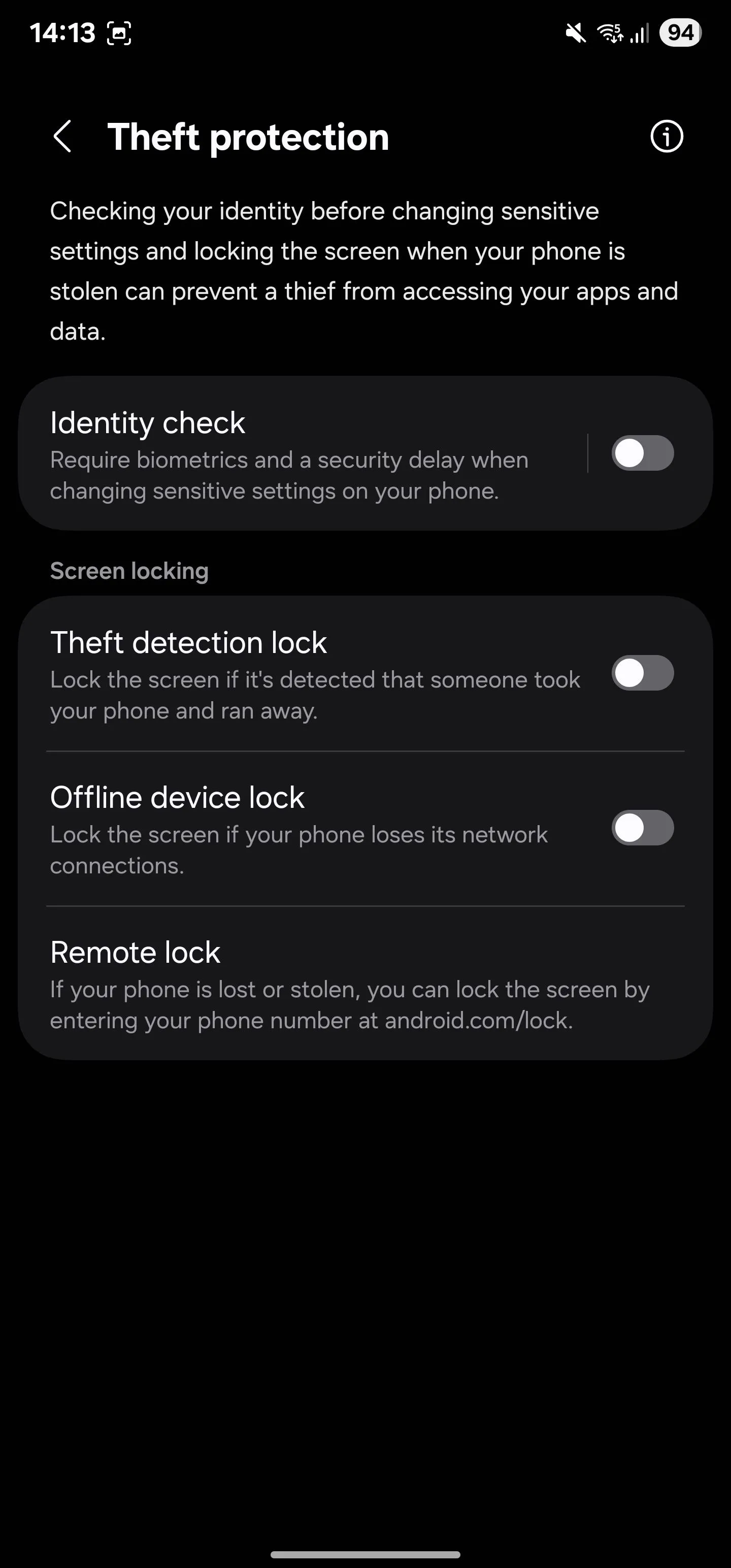 Trang cài đặt &quot;Bảo vệ chống trộm&quot; với các tùy chọn tính năng của Samsung.