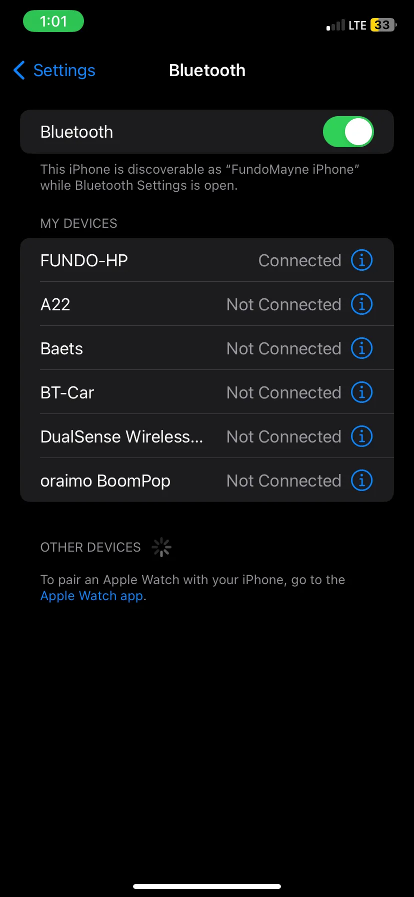 Trang cài đặt Bluetooth trên iPhone, nơi người dùng có thể tắt Bluetooth để tiết kiệm pin khi không sử dụng.