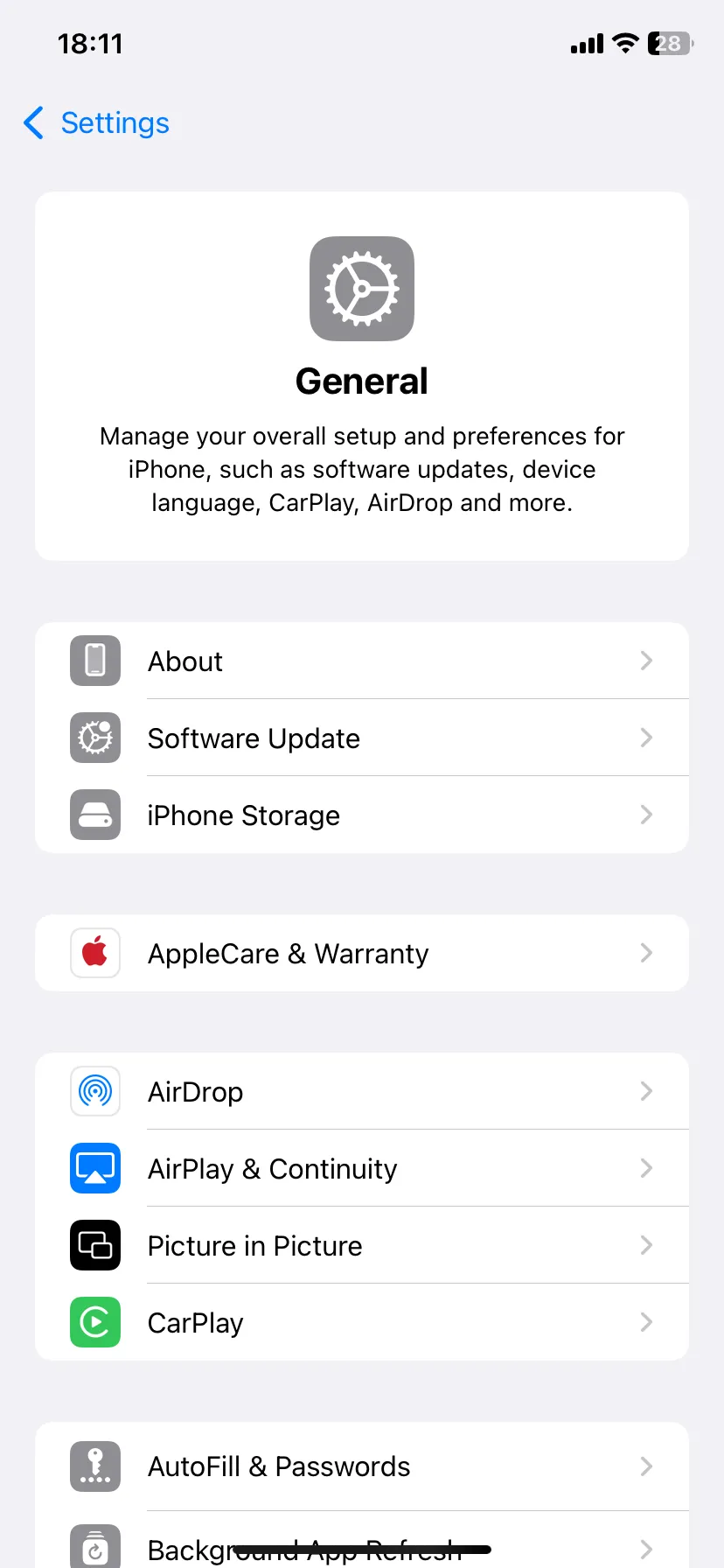 Trang cài đặt Cài đặt chung (General) của iPhone trong ứng dụng Cài đặt
