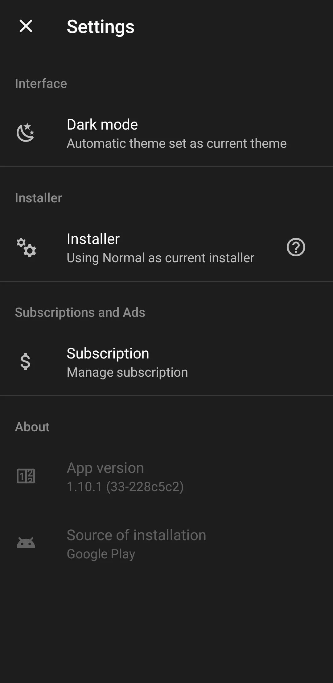 Trang cài đặt của APKMirror Installer trên điện thoại Android