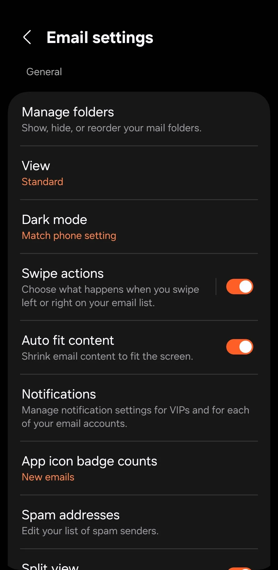 Trang cài đặt của ứng dụng Samsung Email trên điện thoại Galaxy, cho phép tùy chỉnh các thiết lập.