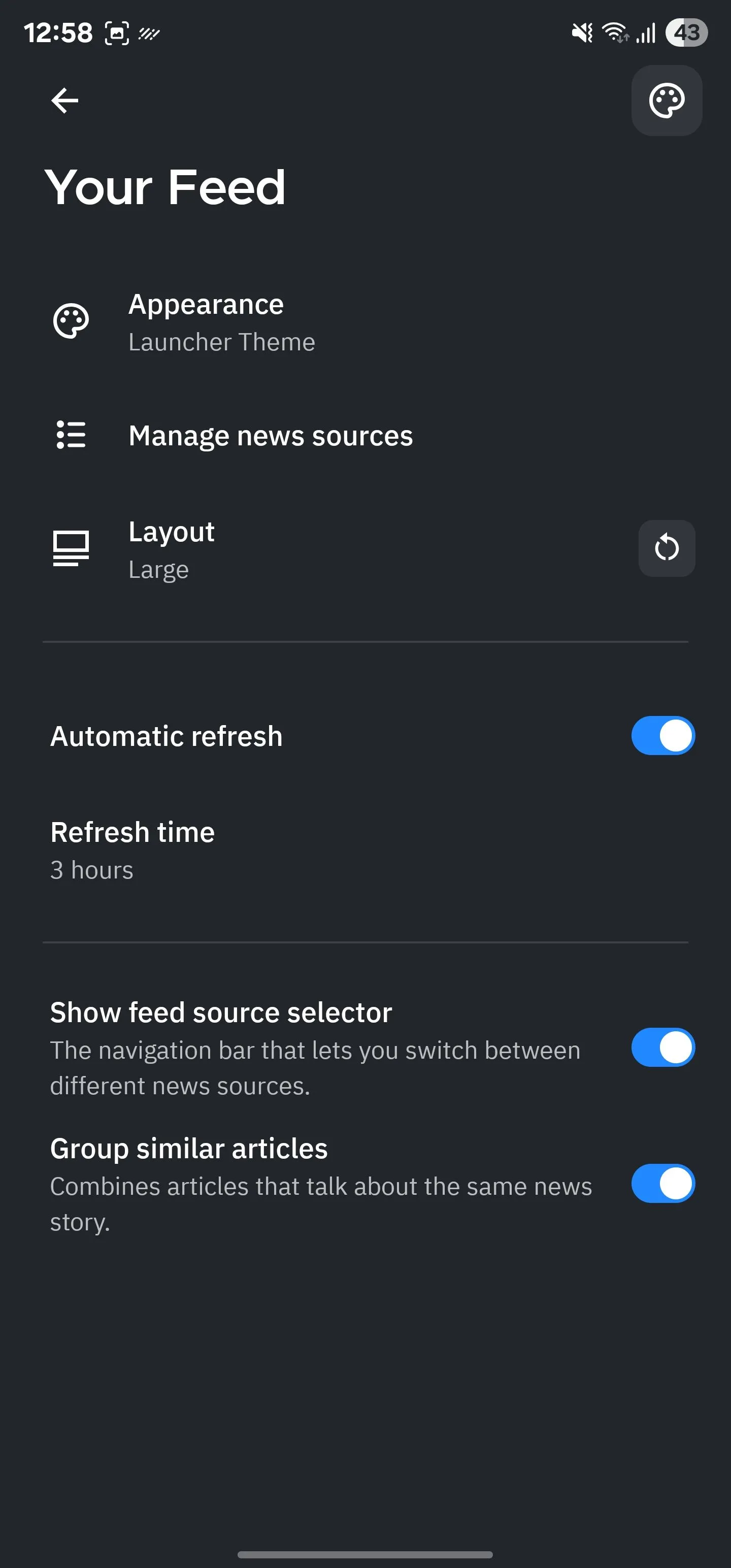 Trang cấu hình tính năng Your Feed của Smart Launcher, cho phép thêm nguồn tin RSS và tùy chỉnh giao diện.