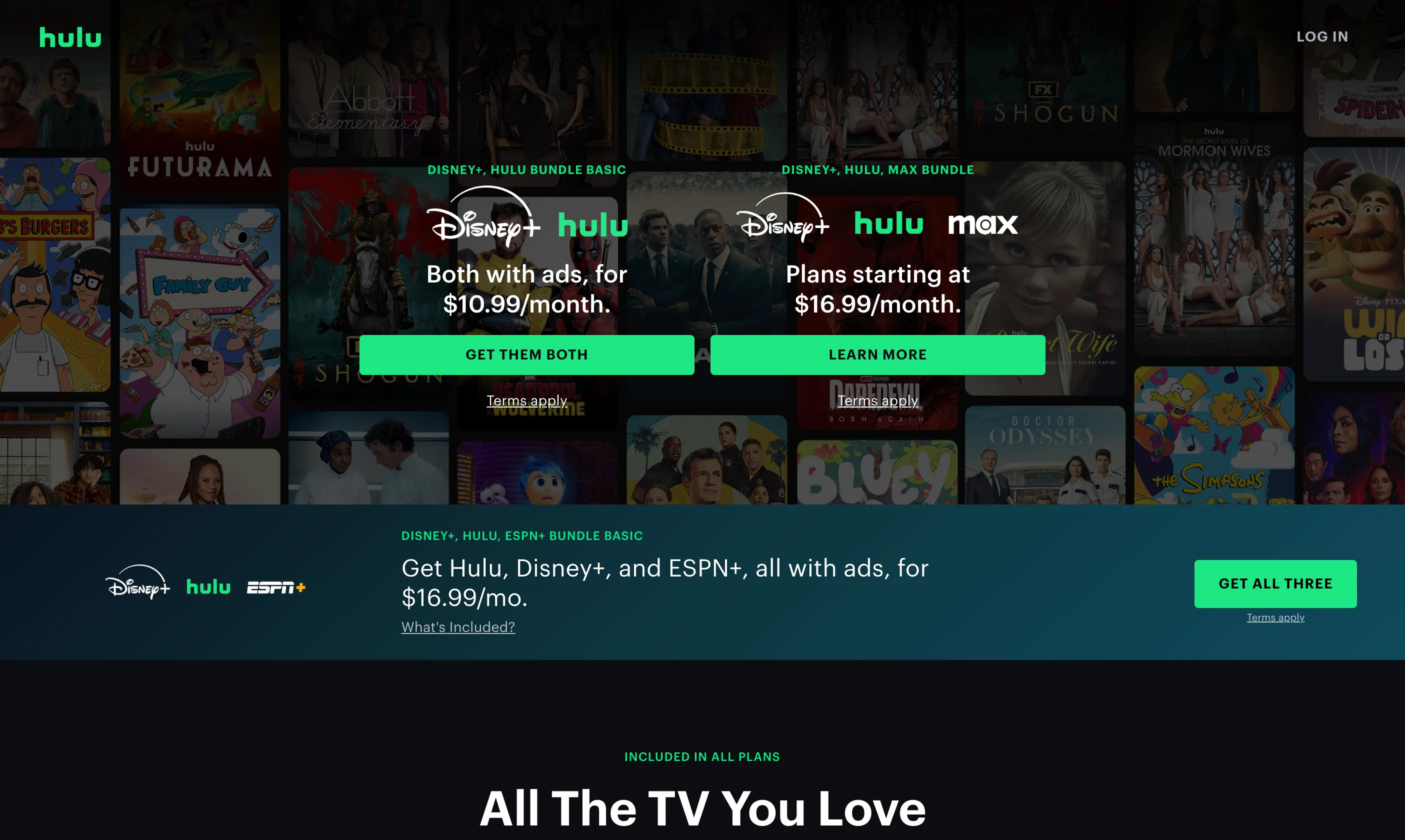 Trang chào mừng của dịch vụ stream Hulu, giới thiệu nội dung và ưu điểm.