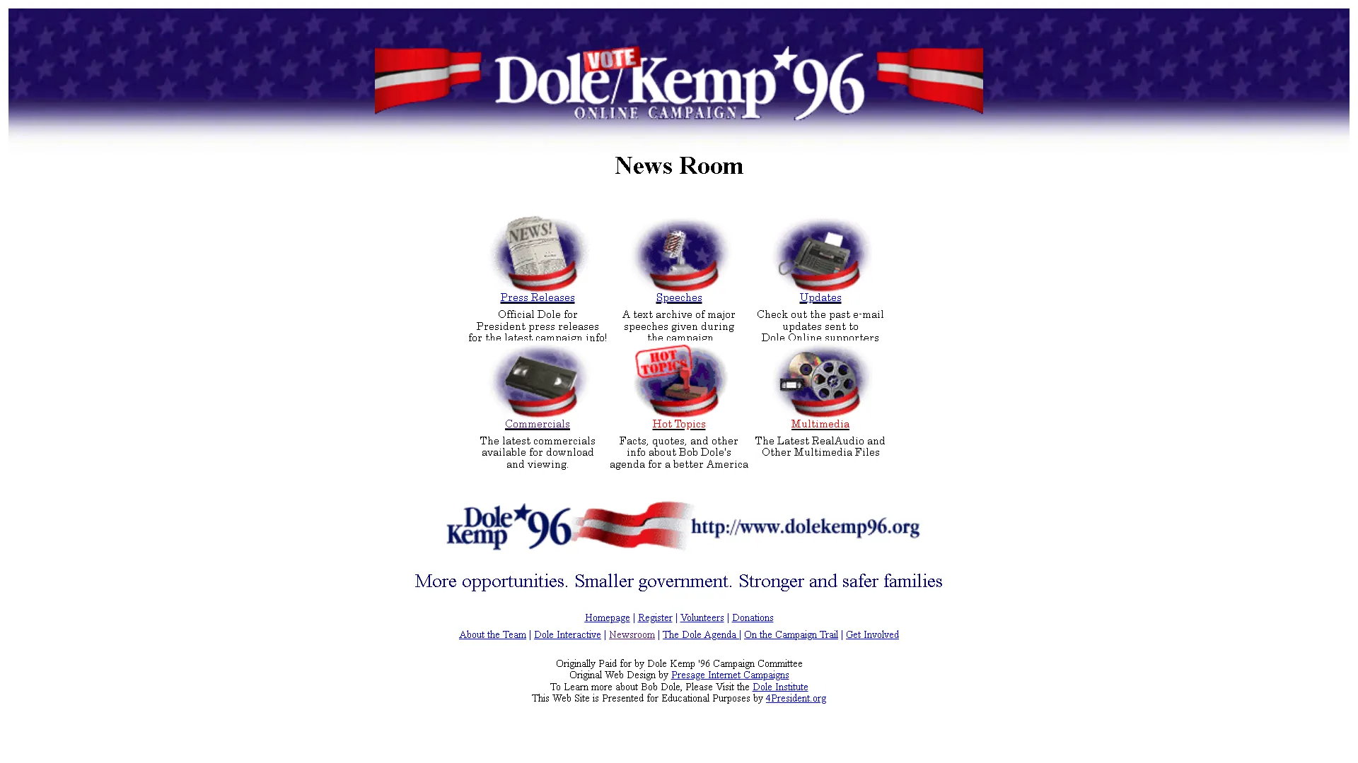 Trang chính của website chiến dịch tranh cử tổng thống của Dole và Kemp, một di tích lịch sử trực tuyến