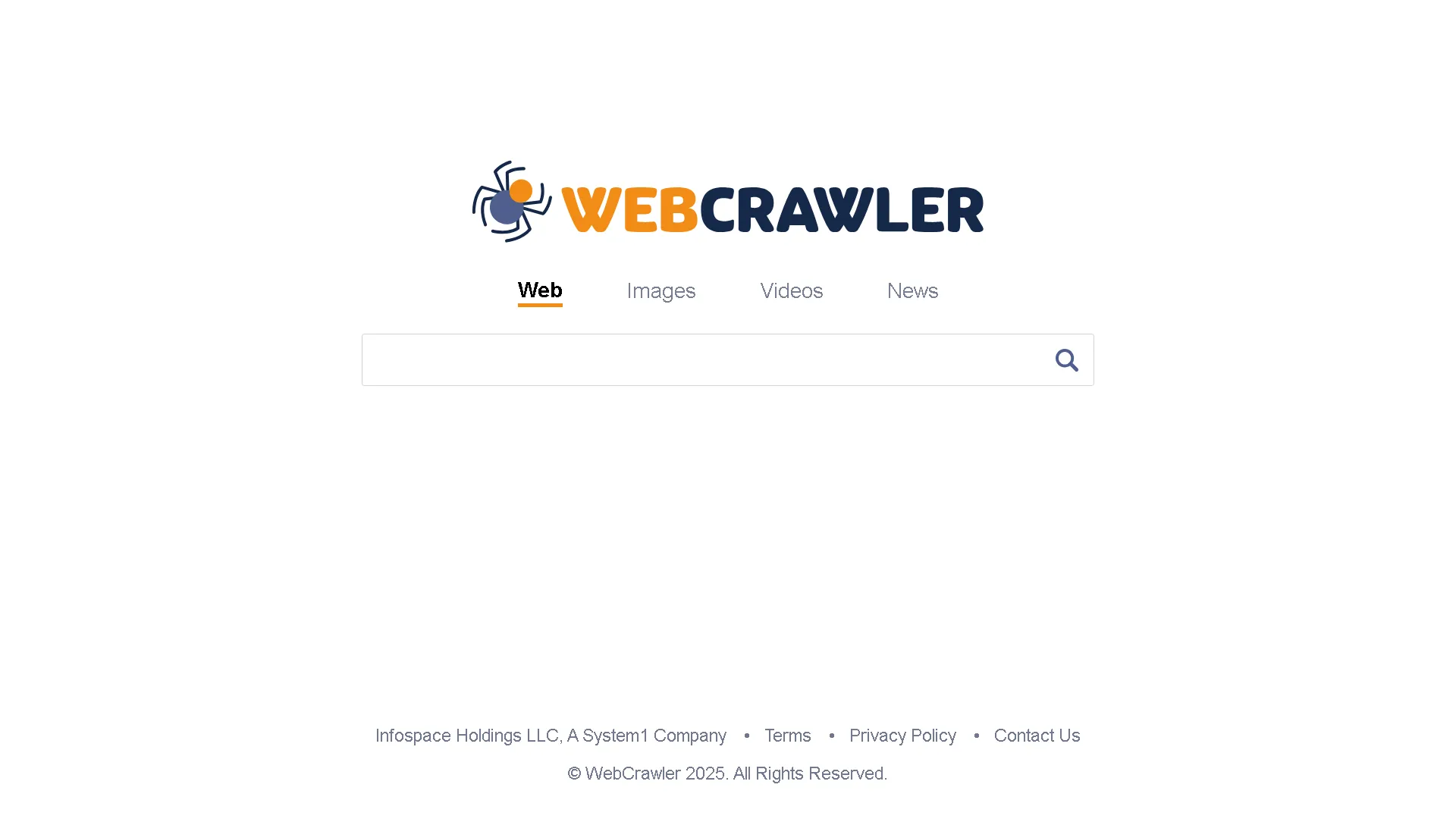 Trang chính của website WebCrawler, một công cụ tìm kiếm tiên phong với giao diện đơn giản
