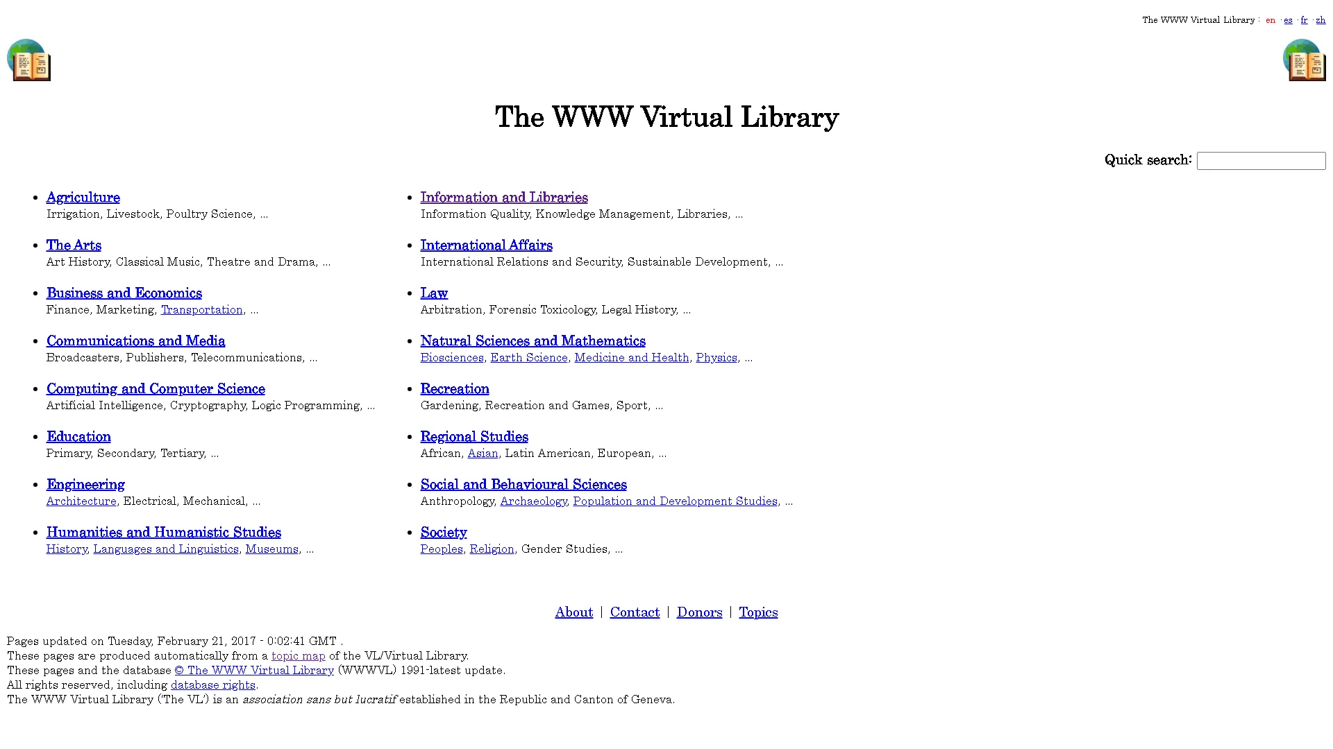 Trang chính của website World Wide Web Virtual Library, hiển thị cấu trúc thư mục phân loại thông tin