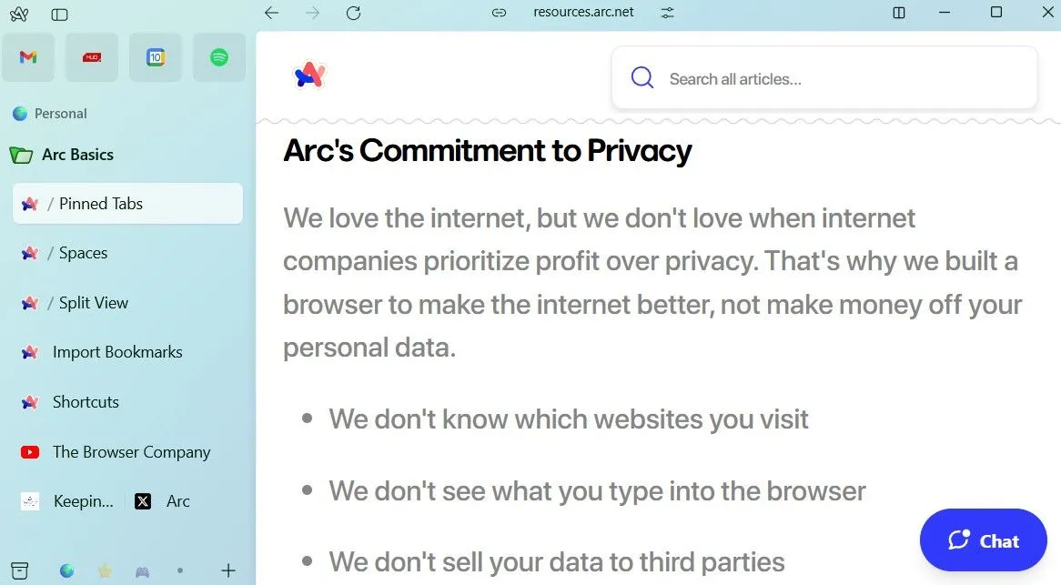 Trang chính sách quyền riêng tư của The Browser Company trong Arc browser