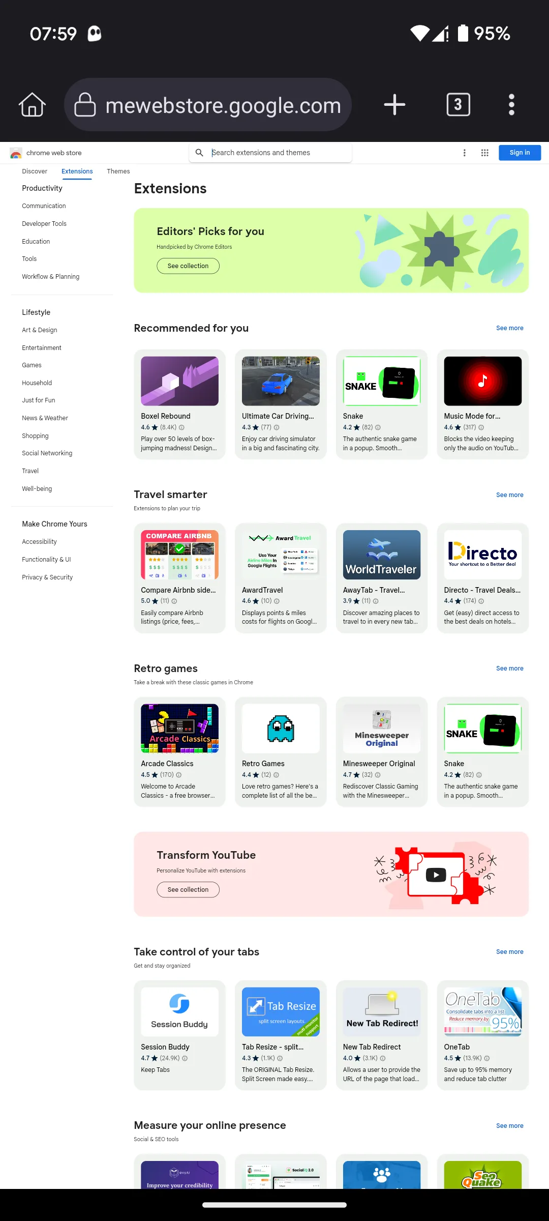 Trang chủ Chrome Web Store trên trình duyệt Kiwi