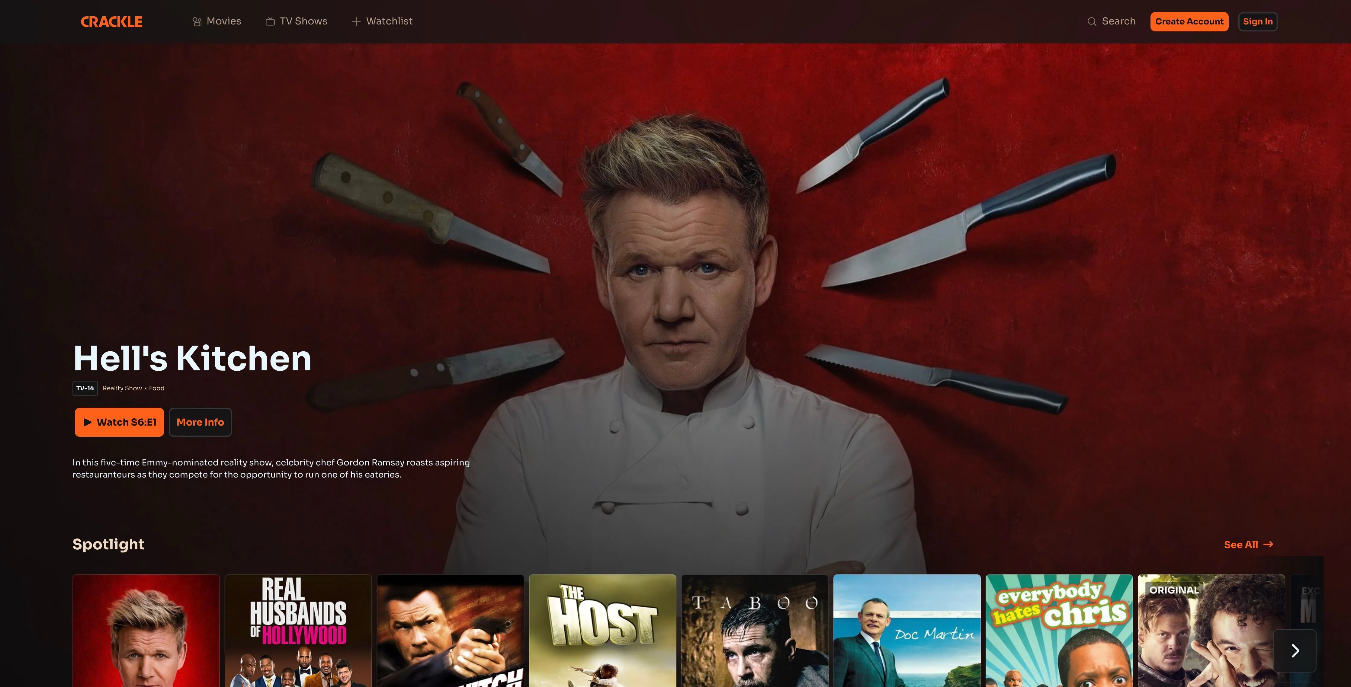 Trang chủ Crackle với quảng cáo chương trình &quot;Hell's Kitchen&quot; và các tùy chọn phim miễn phí