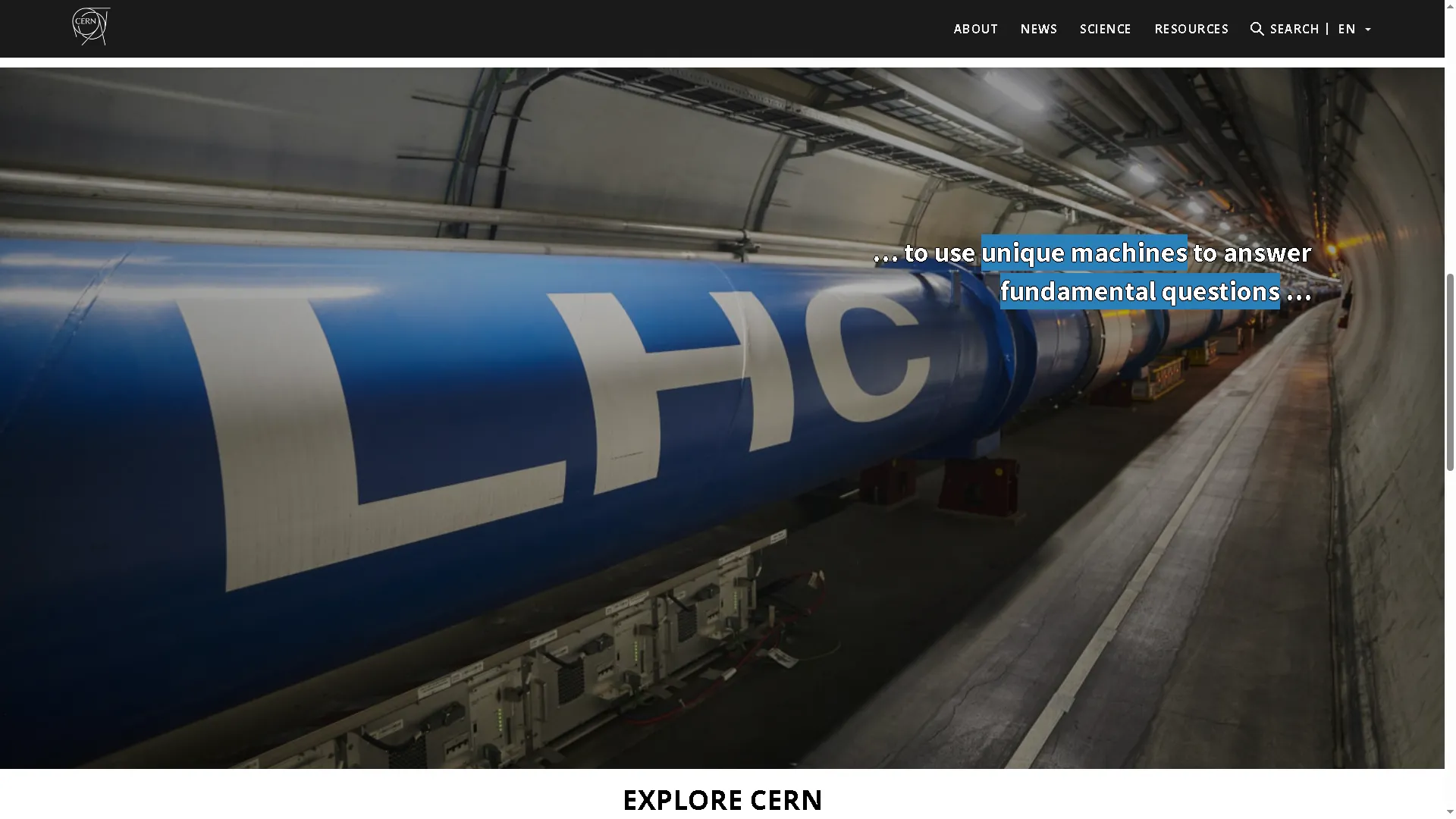 Trang chủ của CERN, website đầu tiên trên thế giới, hiển thị giao diện cũ với thông tin về Máy Gia Tốc Hạt Lớn (LHC)