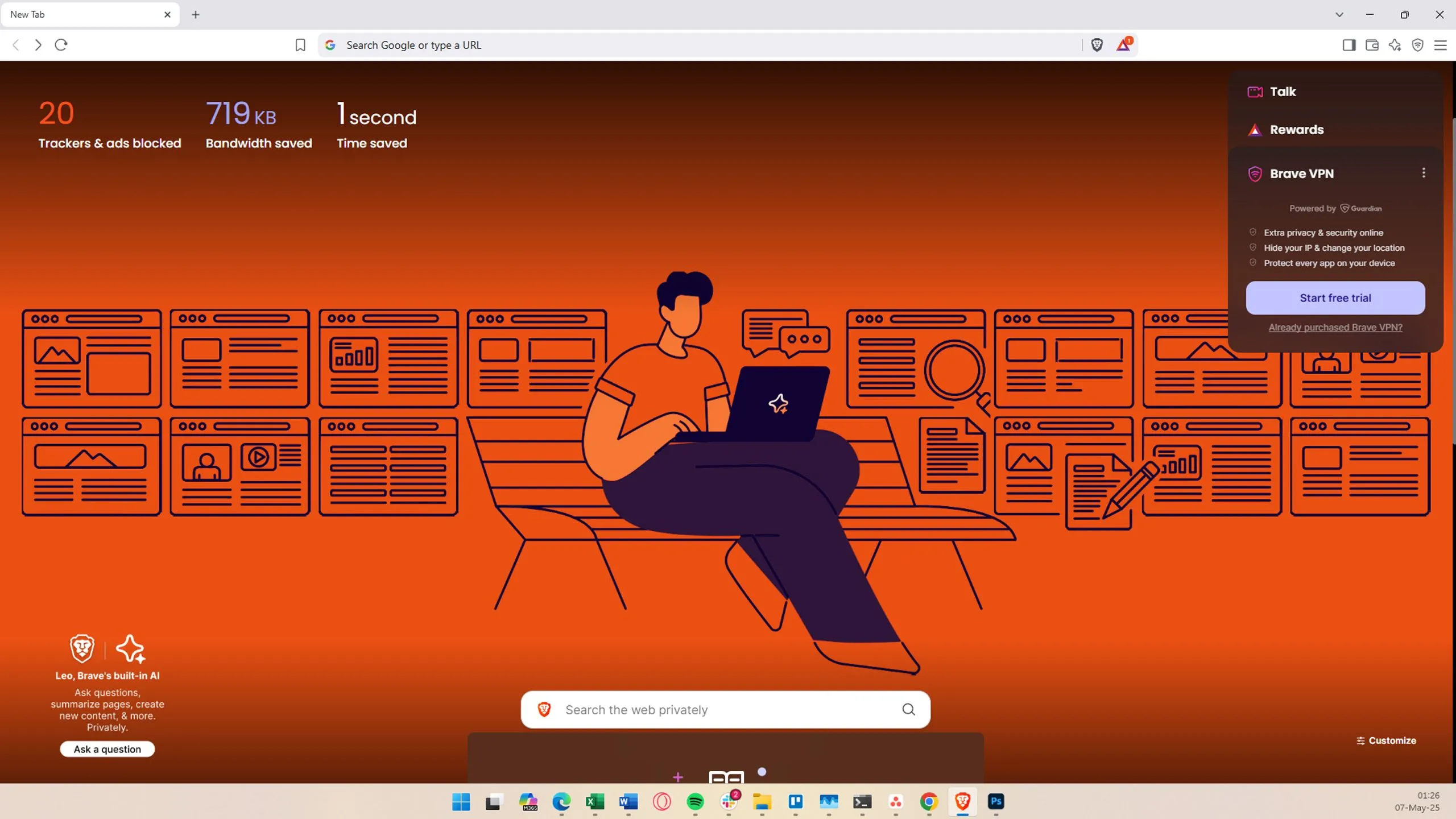 Trang chủ của trình duyệt Brave Browser với giao diện sạch sẽ, minh họa khả năng chặn quảng cáo và bảo vệ quyền riêng tư.