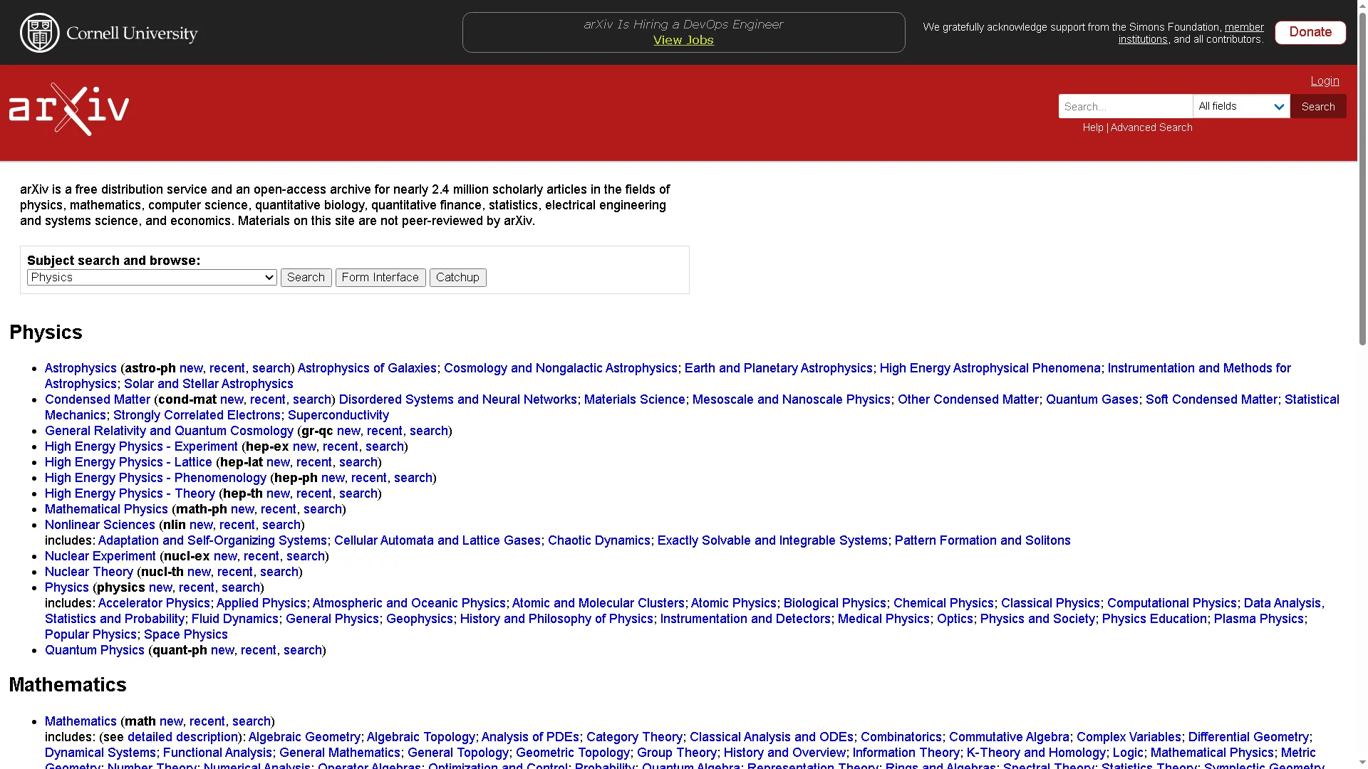 Trang chủ của website arXiv, một kho lưu trữ bài báo khoa học trực tuyến lâu đời