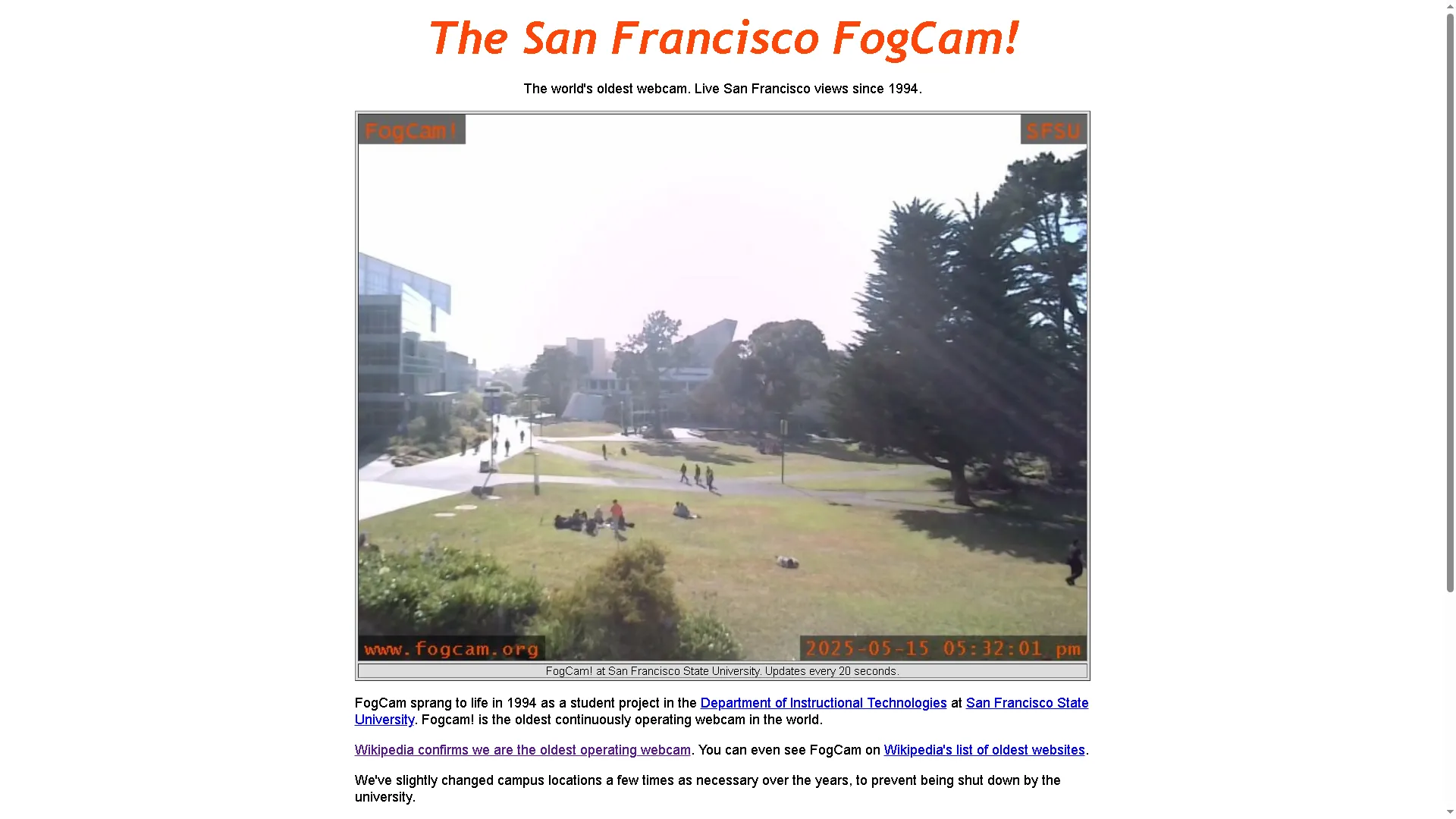 Trang chủ của website San Francisco FogCam, một webcam hoạt động từ năm 1994, hiển thị ảnh chụp thời tiết sương mù