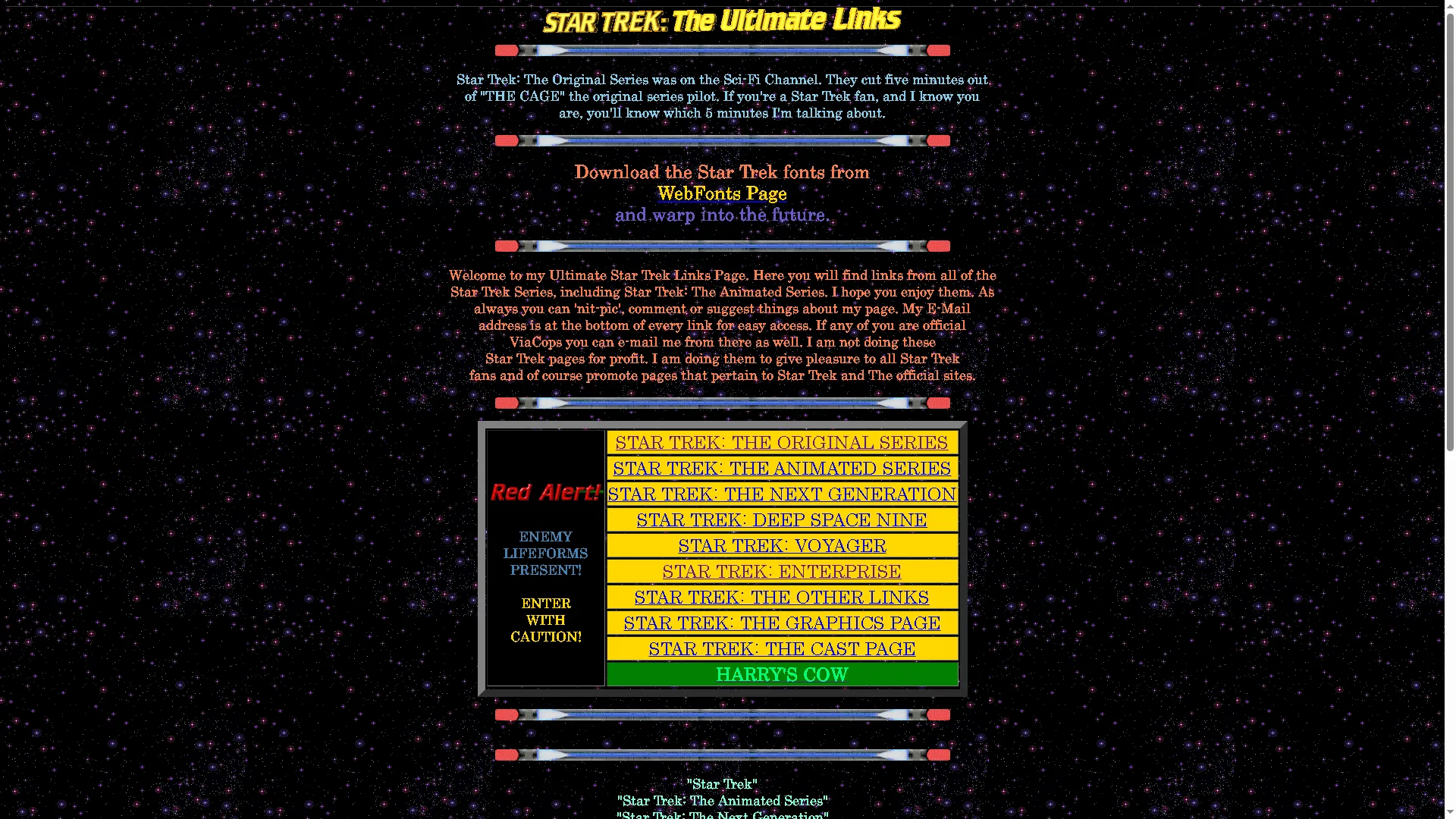 Trang chủ của website Star Trek The Ultimate Links, một fan site cổ điển dành cho người hâm mộ Star Trek