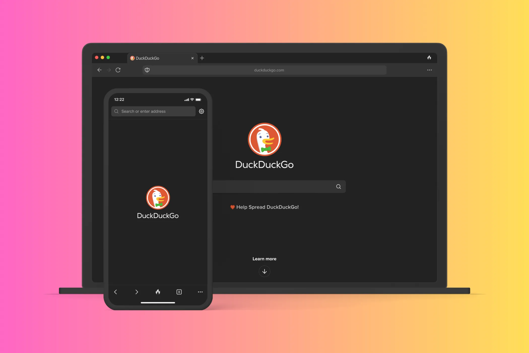 Trang chủ DuckDuckGo hiển thị trên mô hình laptop và thiết bị di động, minh họa tính năng tìm kiếm và duyệt web ưu tiên quyền riêng tư.