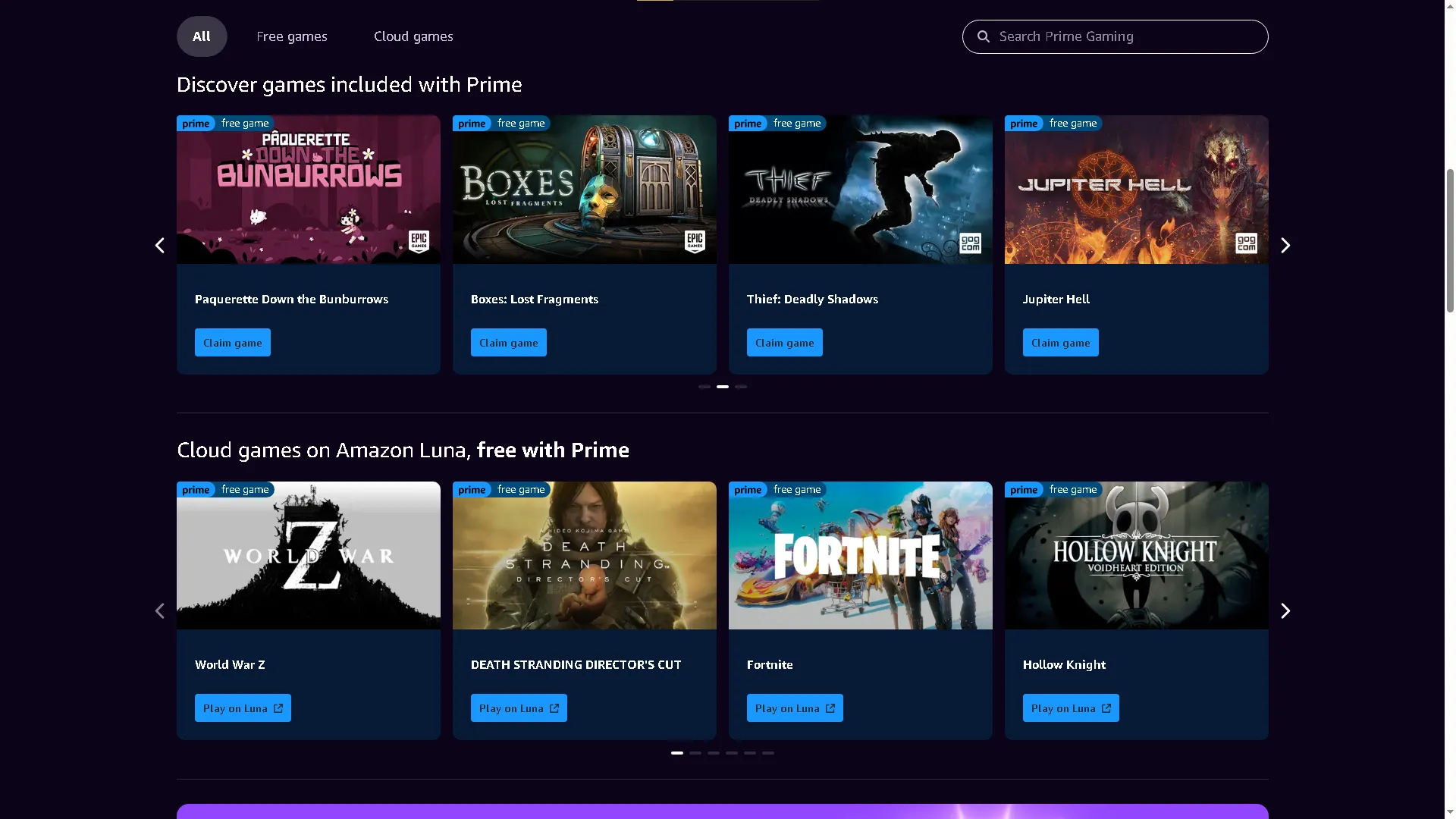 Trang chủ Prime Gaming với các ưu đãi game miễn phí và nội dung trong game