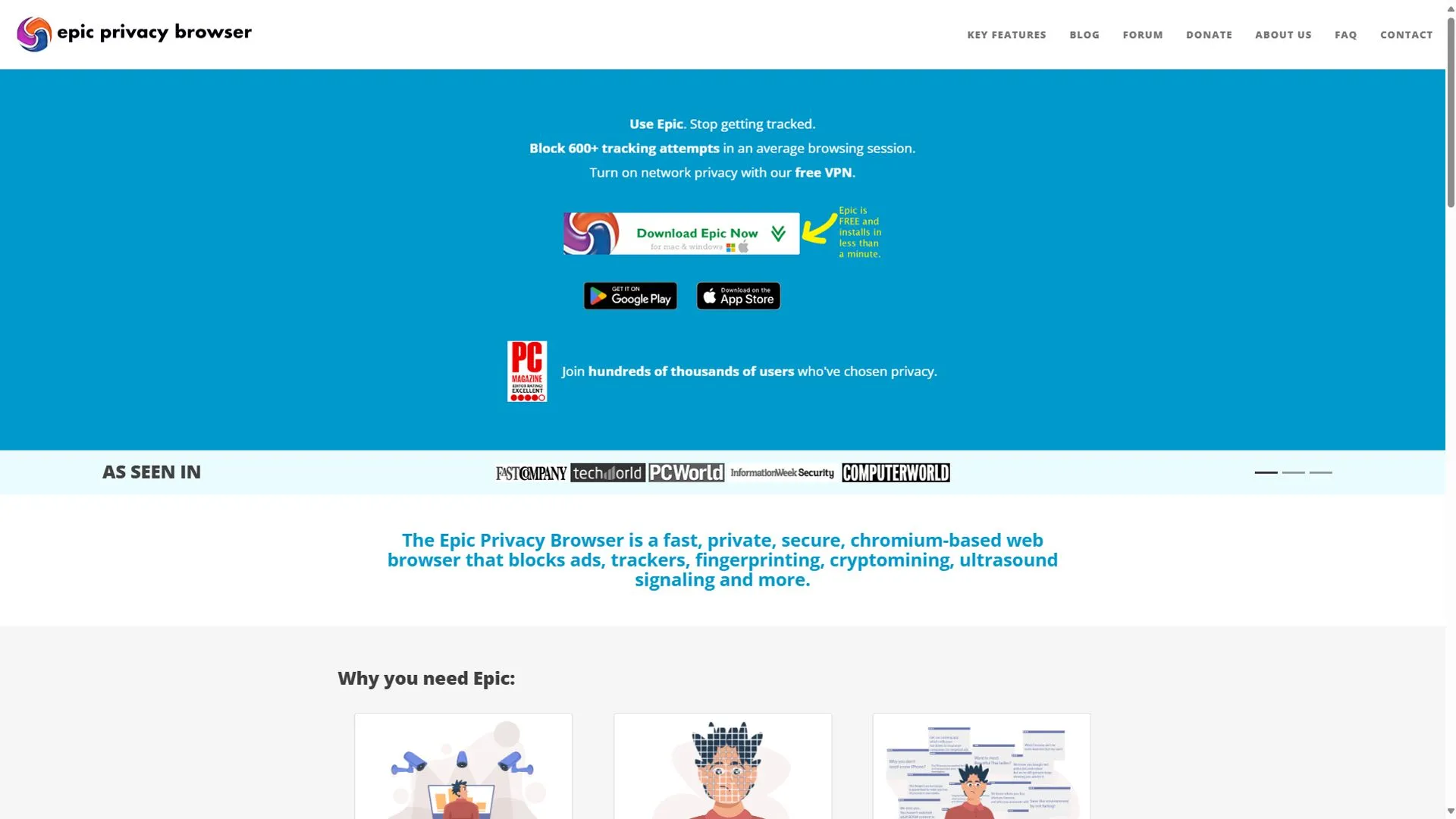 Trang chủ trình duyệt Epic Privacy Browser hiển thị giao diện người dùng tối giản, tập trung vào quyền riêng tư.