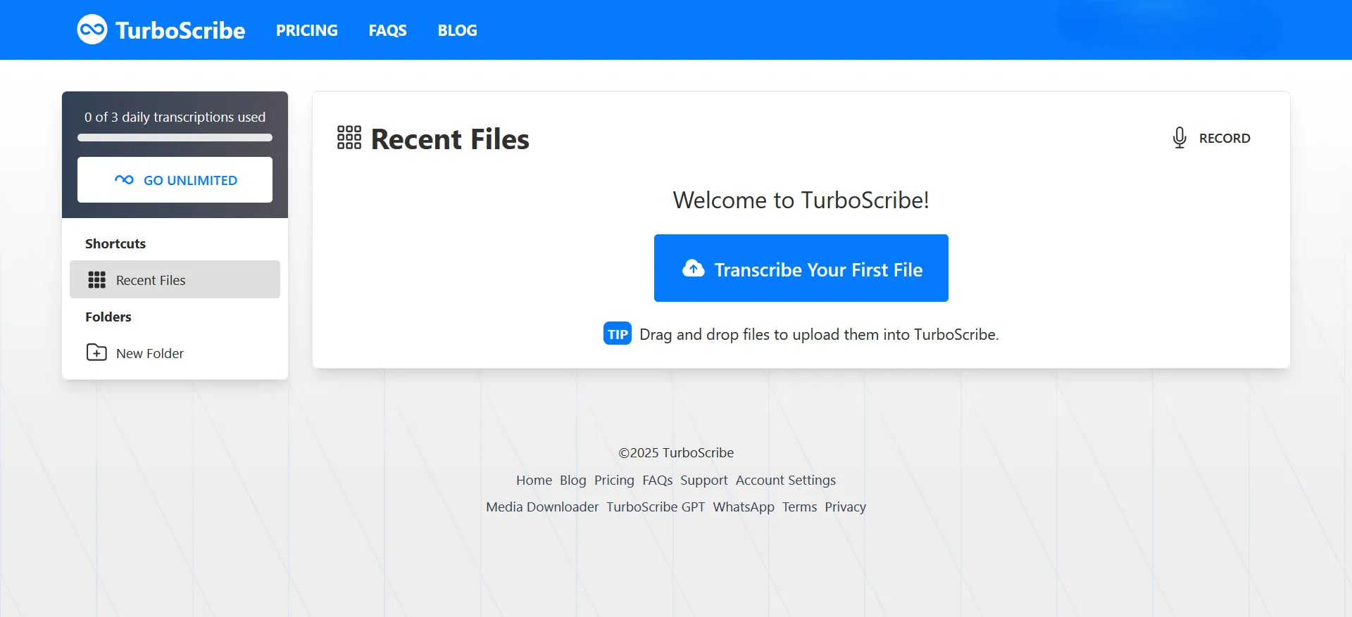 Trang chủ TurboScribe với giao diện đơn giản và các tùy chọn chuyển đổi giọng nói thành văn bản