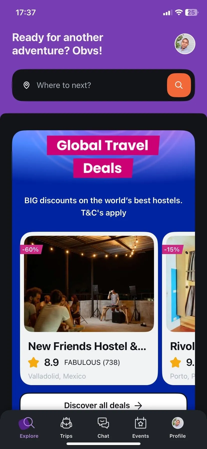 Trang chủ ứng dụng Hostelworld hiển thị các lựa chọn nhà nghỉ