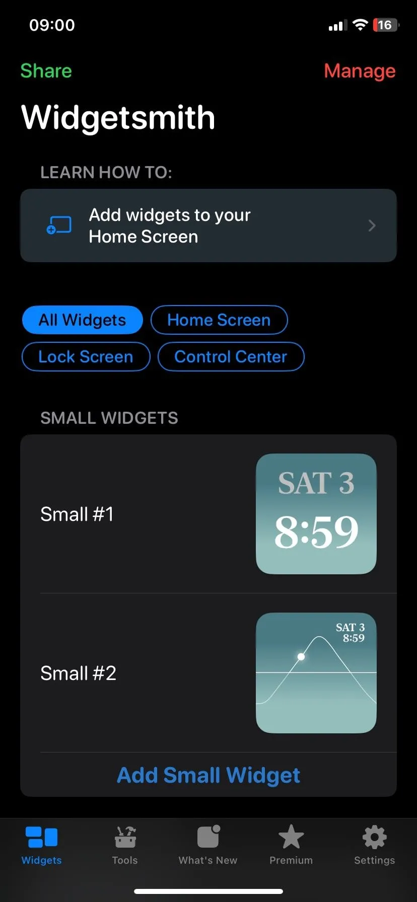 Trang chủ ứng dụng Widgetsmith với các tùy chọn widget