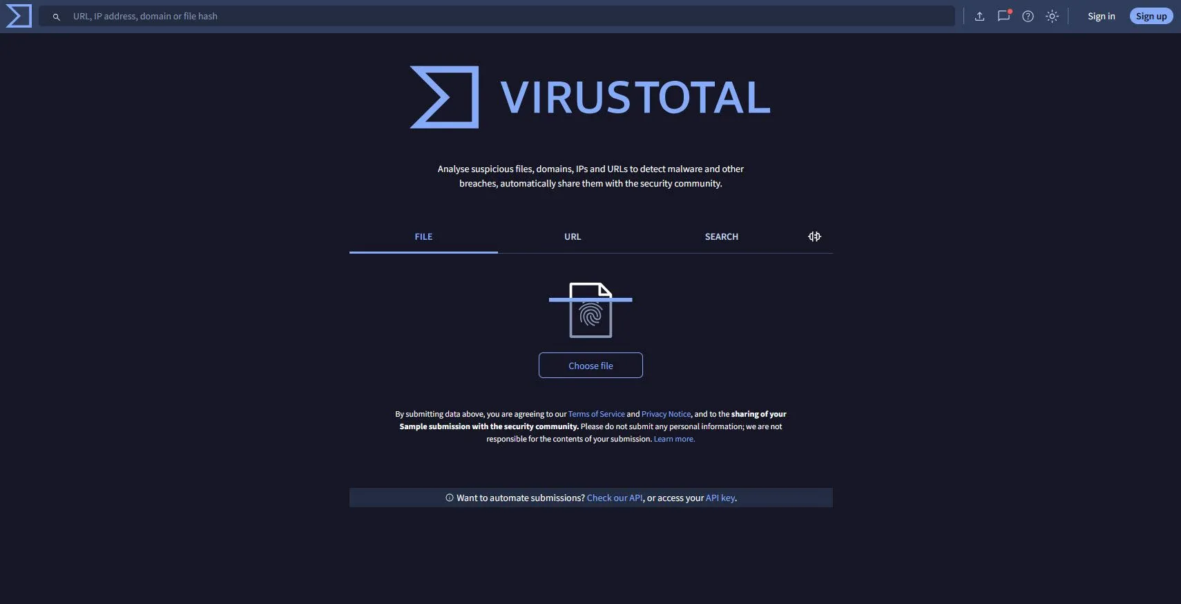 Trang chủ VirusTotal hiển thị ô tải lên tập tin hoặc nhập URL để quét
