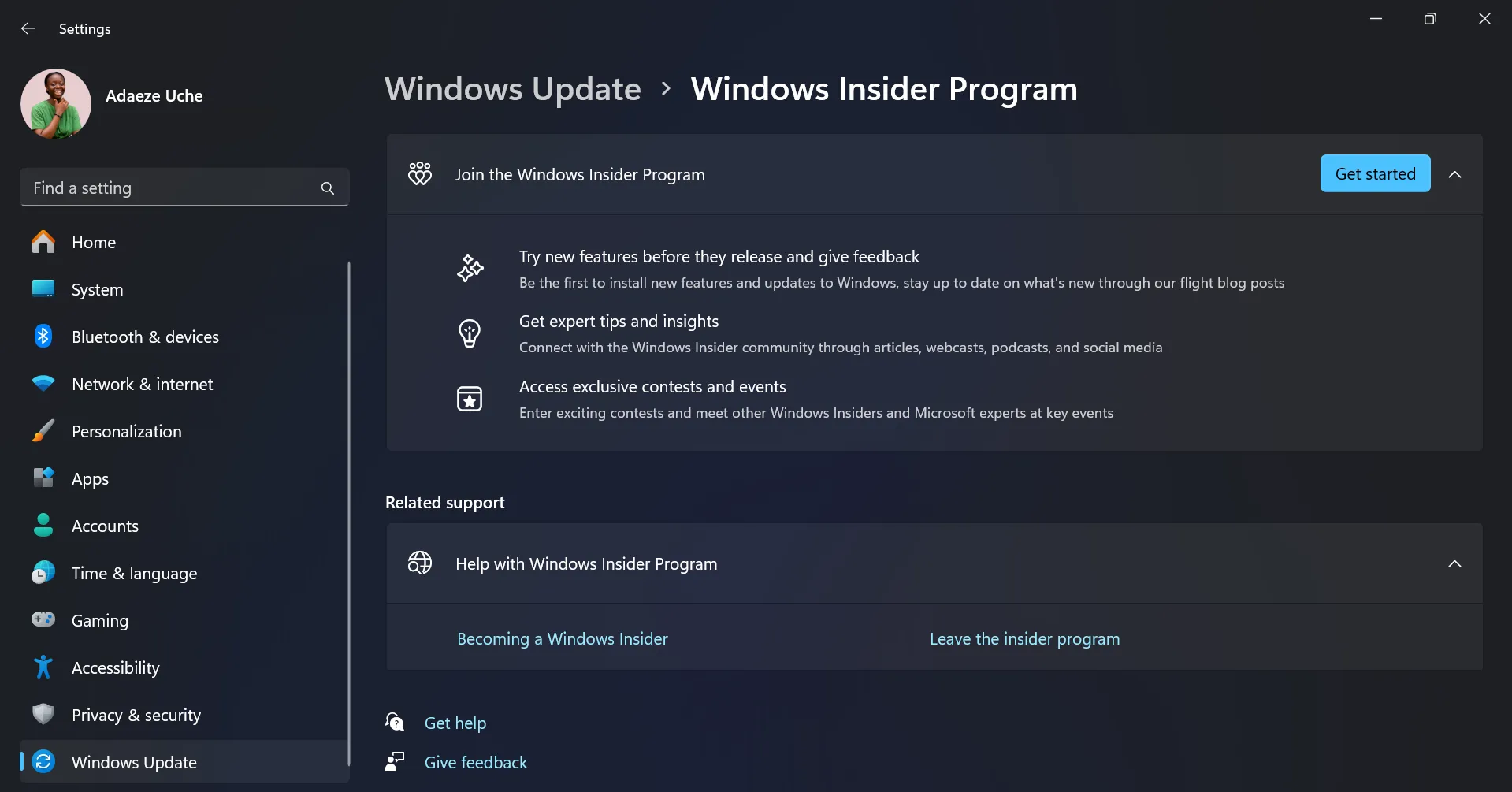 Trang Chương trình Windows Insider trong ứng dụng Cài đặt trên máy tính Windows 11
