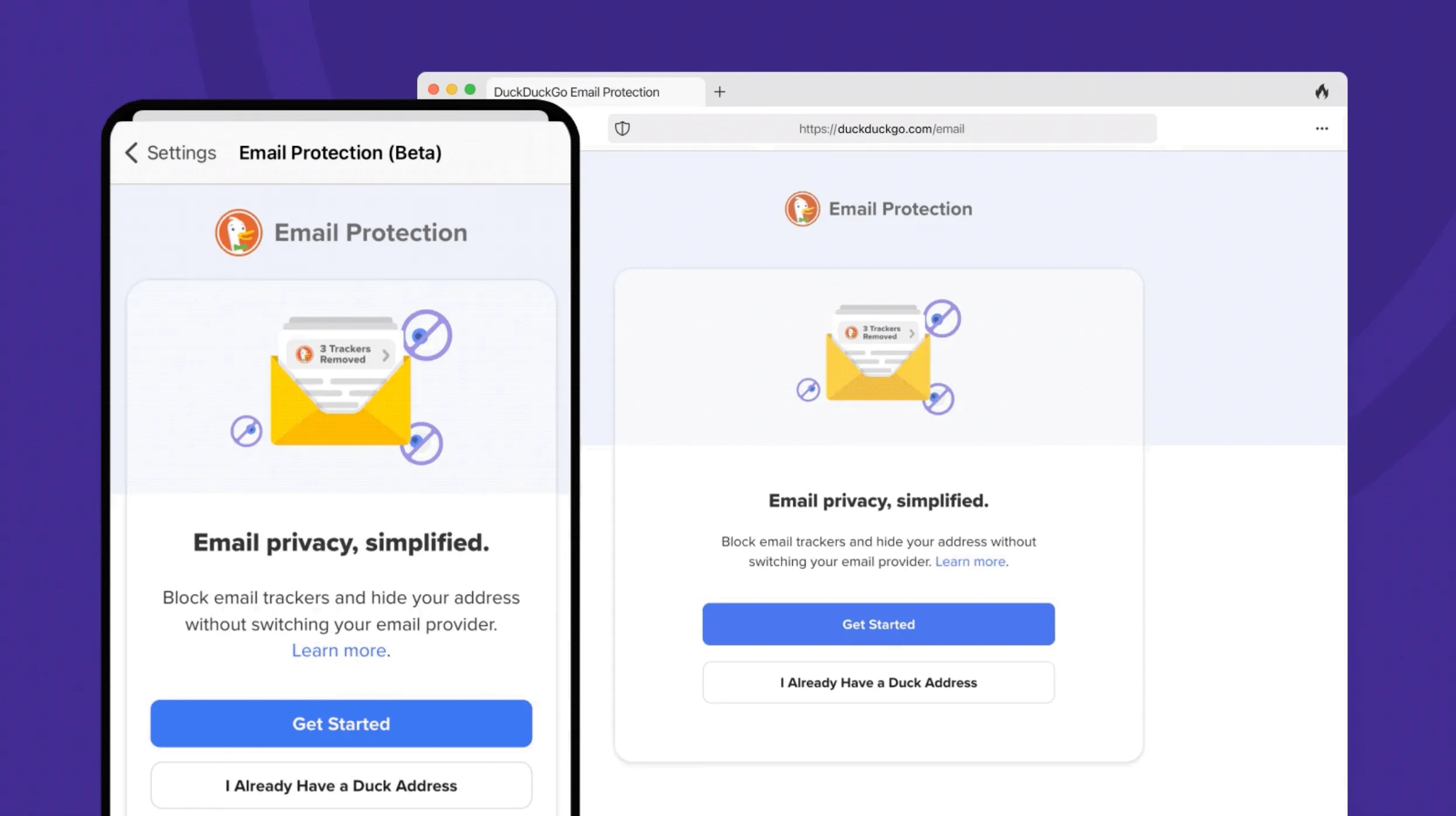 Trang đăng ký tính năng bảo vệ email của DuckDuckGo trên cả phiên bản di động và máy tính