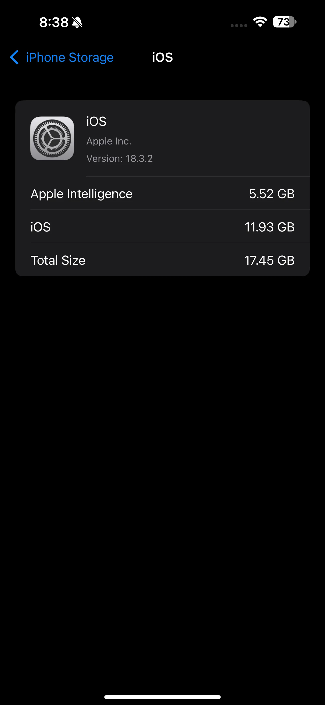 Trang Dung lượng iOS trong Cài đặt iPhone hiển thị mức chiếm dụng của Apple Intelligence