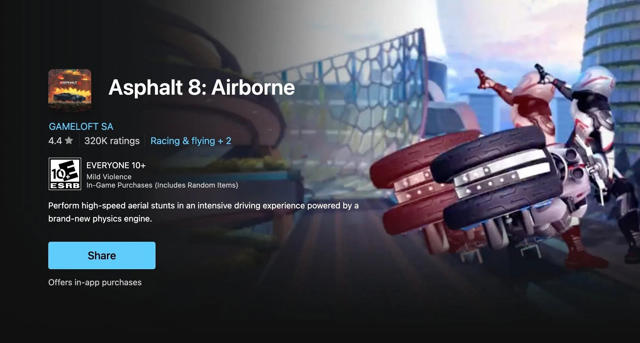 Trang game Asphalt 8: Airborne trên Microsoft Store, một ứng dụng có thể gây xung đột với Windows 11 24H2