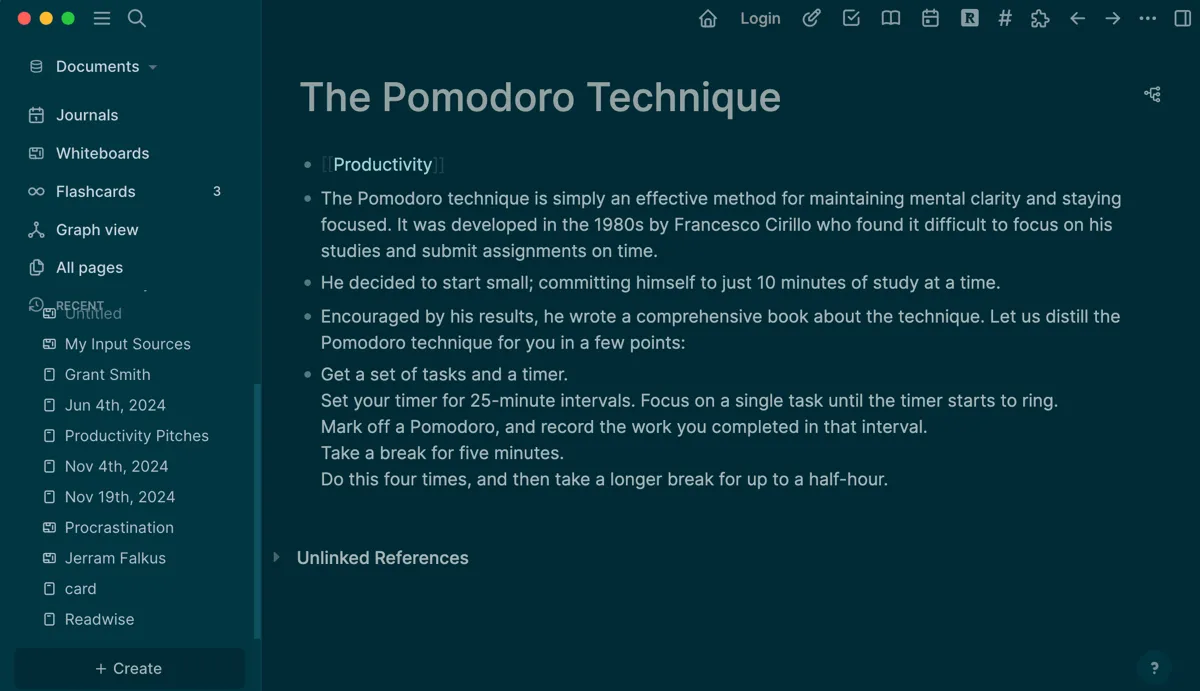 Trang ghi chú về Kỹ thuật Pomodoro trong Logseq, minh họa cách tạo liên kết