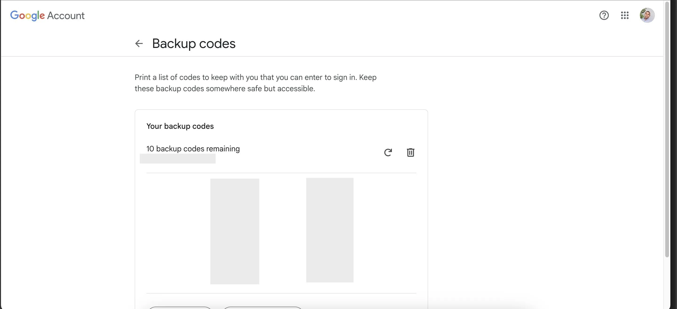 Trang hiển thị mã dự phòng một lần trong cài đặt bảo mật tài khoản Google