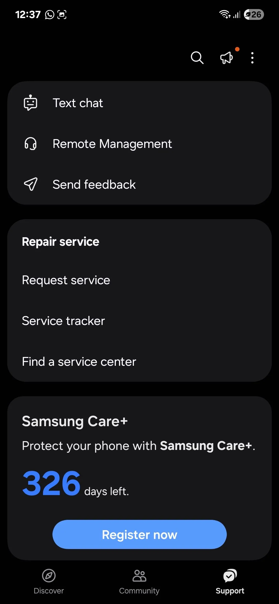 Trang hỗ trợ của ứng dụng Samsung Members, nơi người dùng có thể tìm kiếm giải đáp và hỗ trợ kỹ thuật.