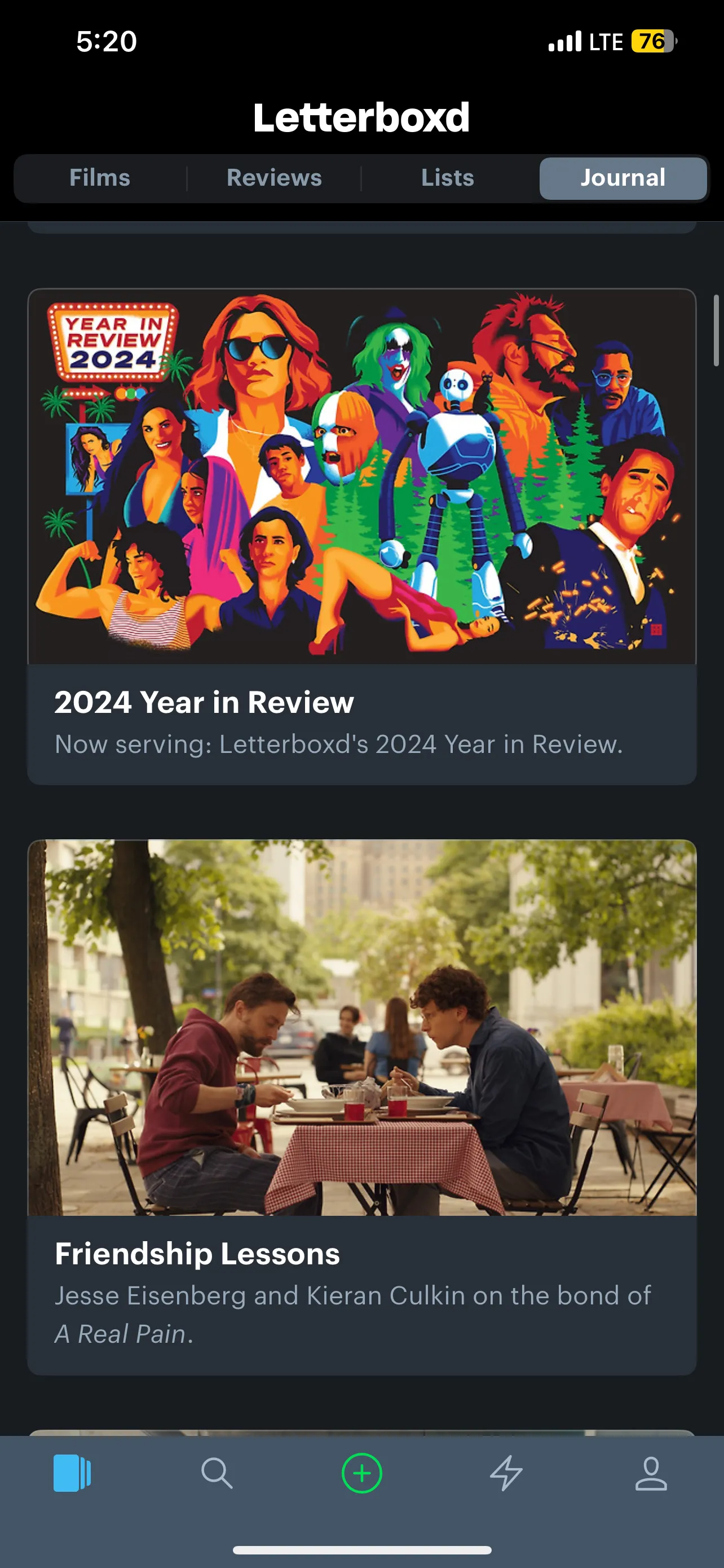 Trang Journal của Letterboxd với các bài viết tổng hợp như &quot;Tổng kết năm 2024&quot;