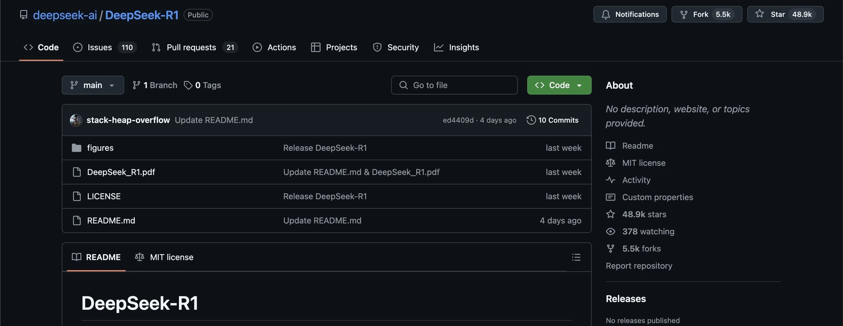 Trang kho lưu trữ GitHub của DeepSeek, minh họa khả năng tiếp cận mã nguồn mở của mô hình AI này cho các nhà phát triển và cộng đồng.
